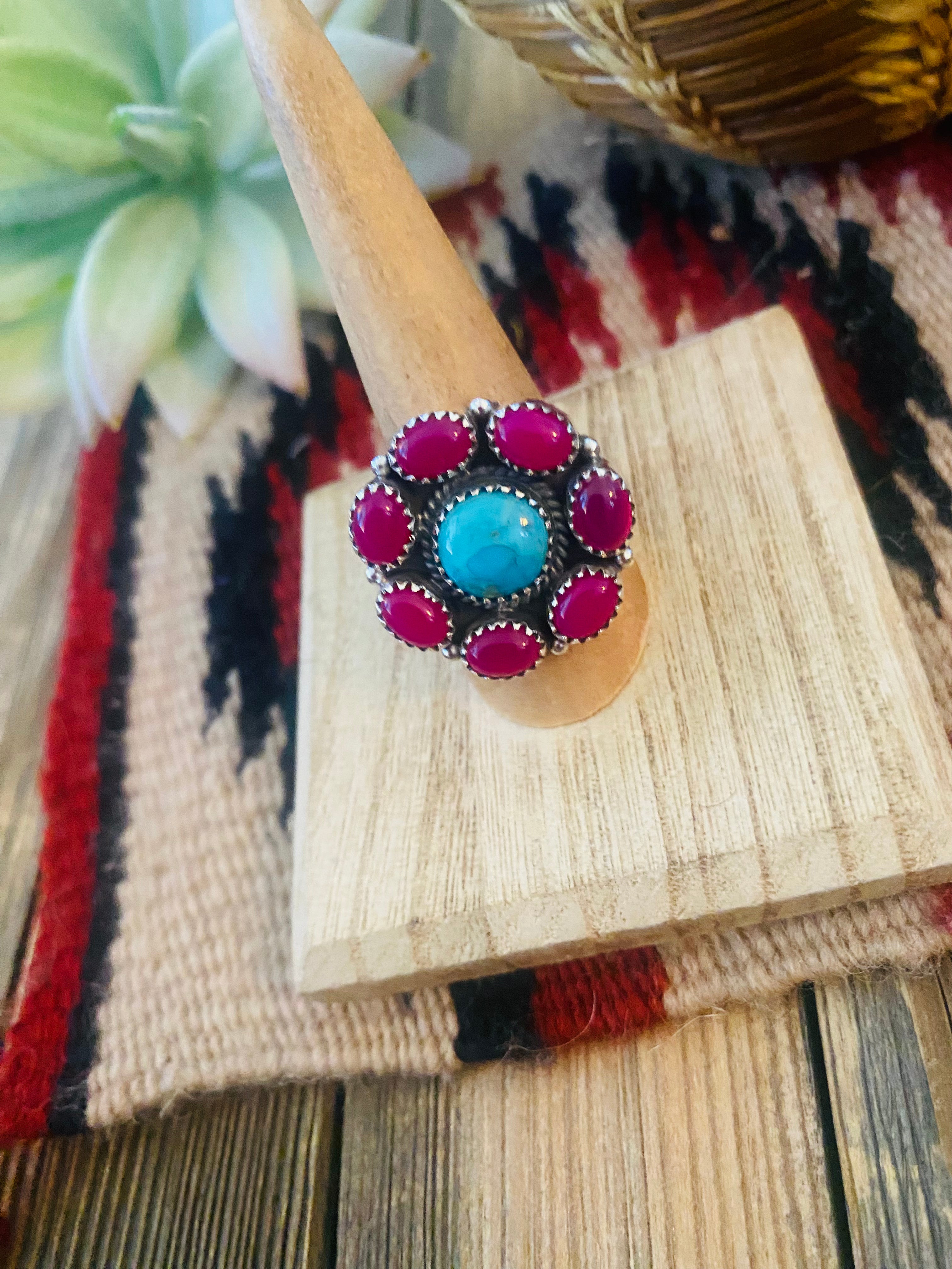 Handmade Sterling Silver, Pink Onyx & Turquoise Cluster Adjustable Ring