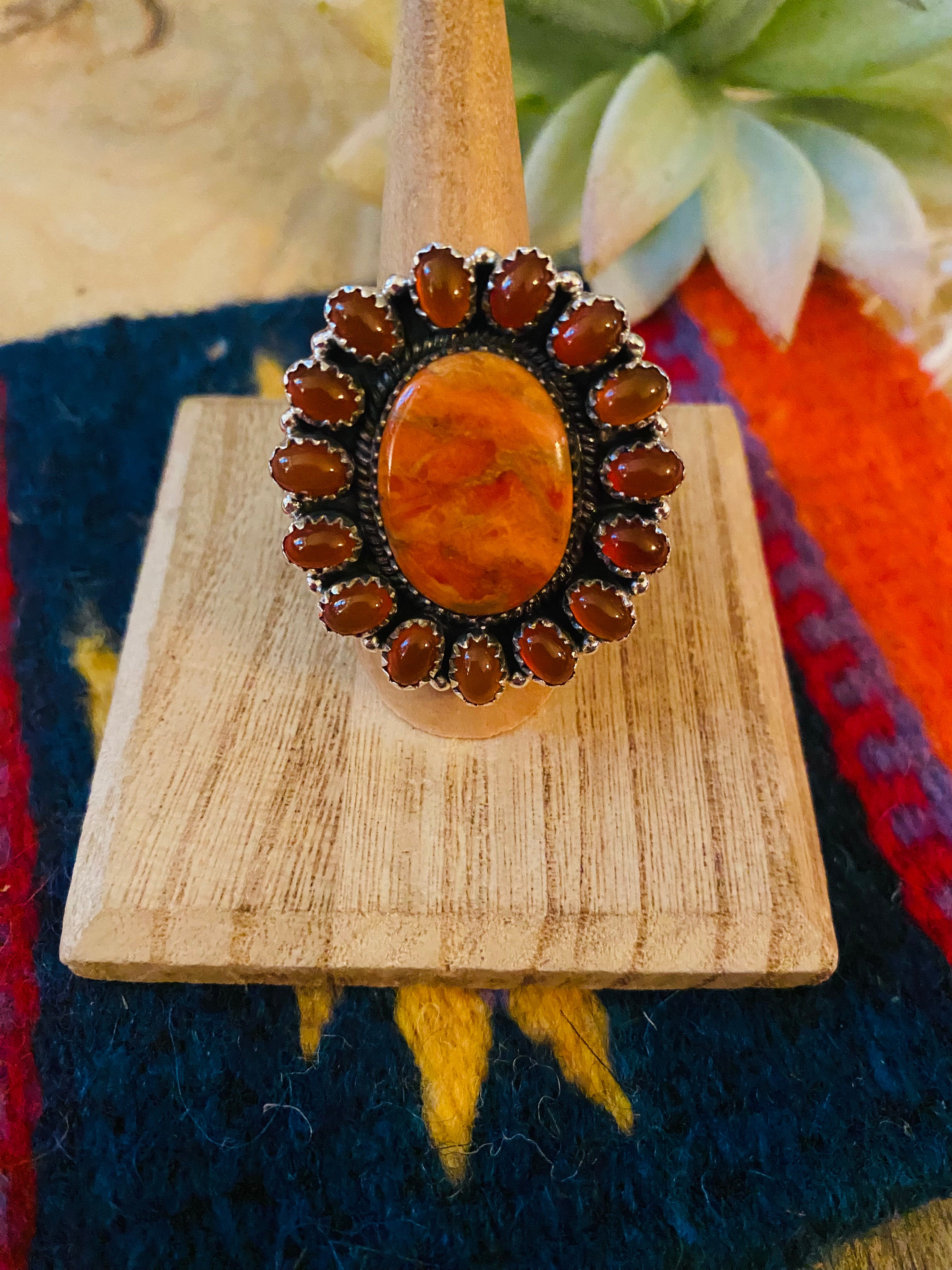 Handmade Sterling Silver, Carnelian & Spiny Mohave Cluster Adjustable Ring