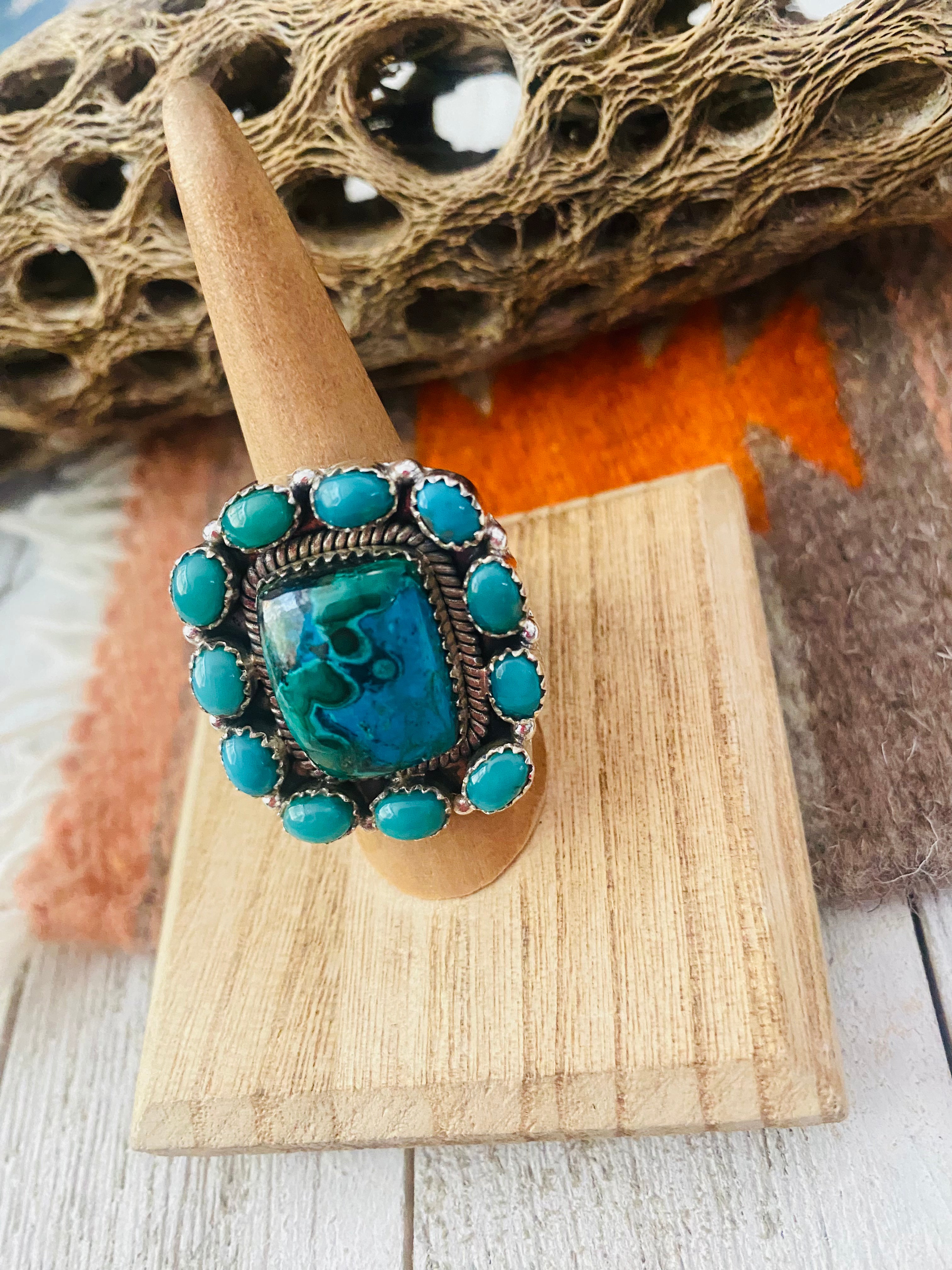 Handmade Sterling Silver, Azurite Malachite & Turquoise Cluster Adjustable Ring