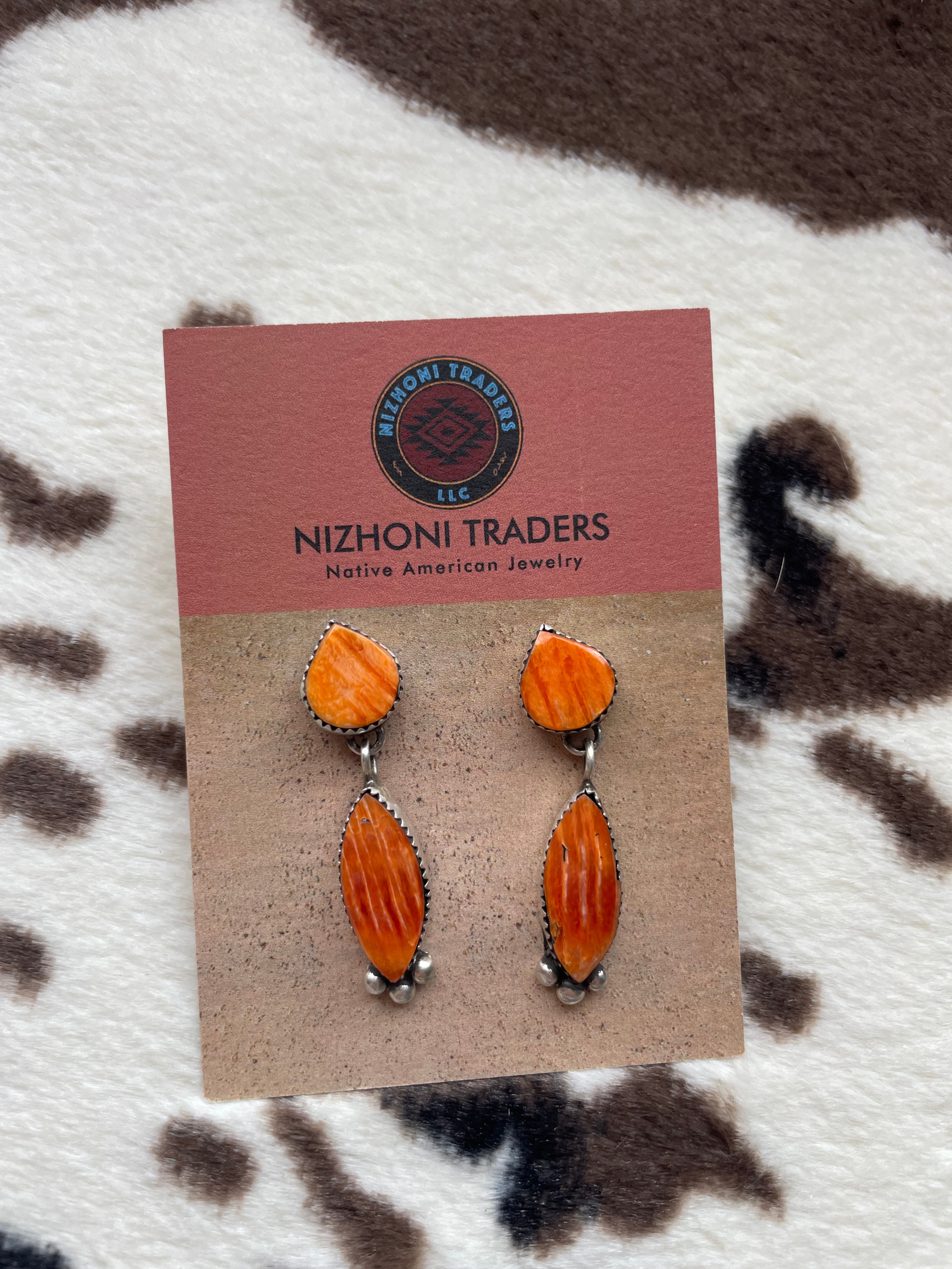 Navajo Selena Warner Orange Spiny & Sterling Silver Dangle Earrings