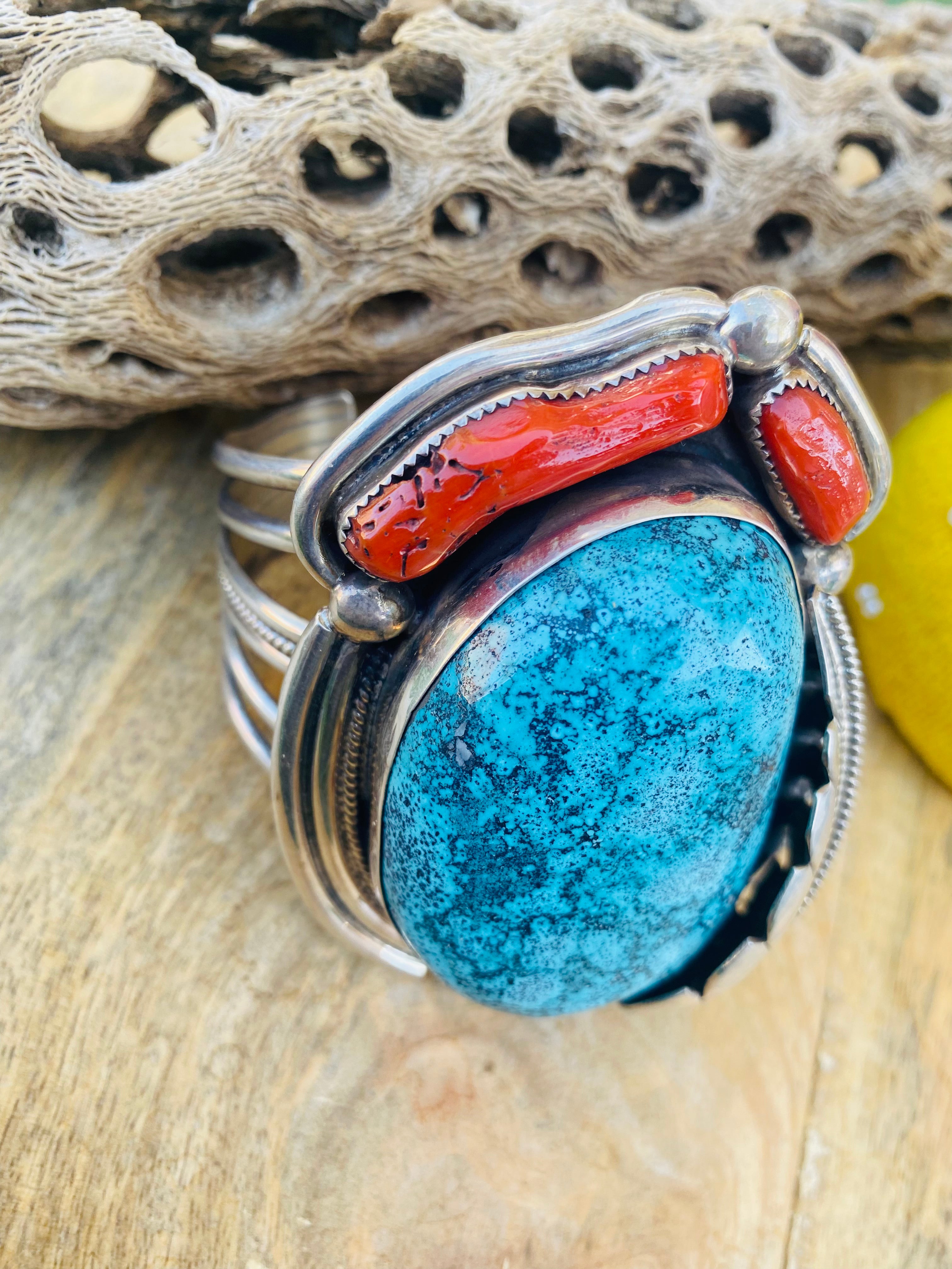 Incredible Navajo Handmade Bisbee Turquoise, Coral & Sterling Silver Jumbo Cuff Bracelet