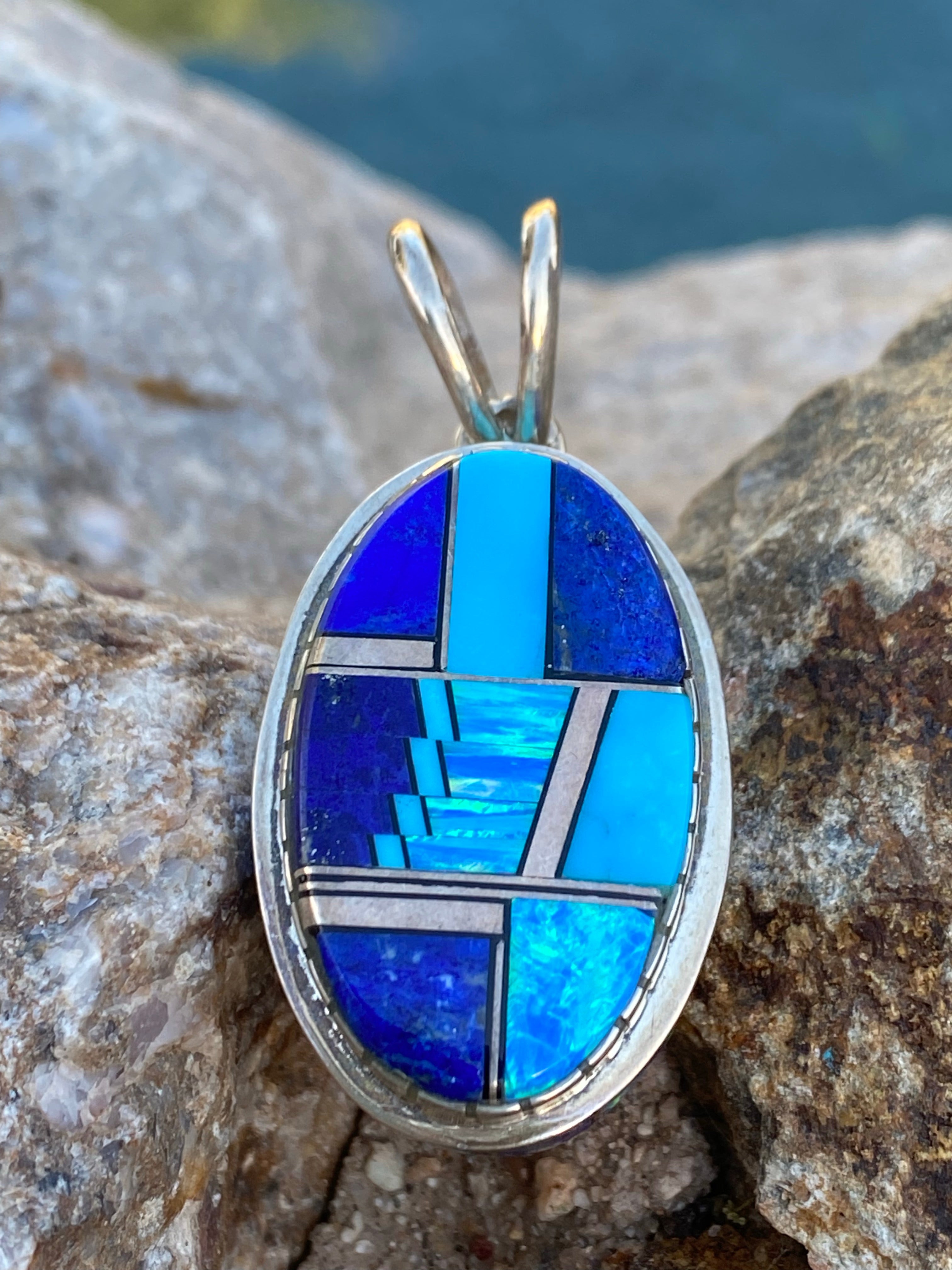 Navajo Lapis, Turquoise, Blue Opal Oval Pendant