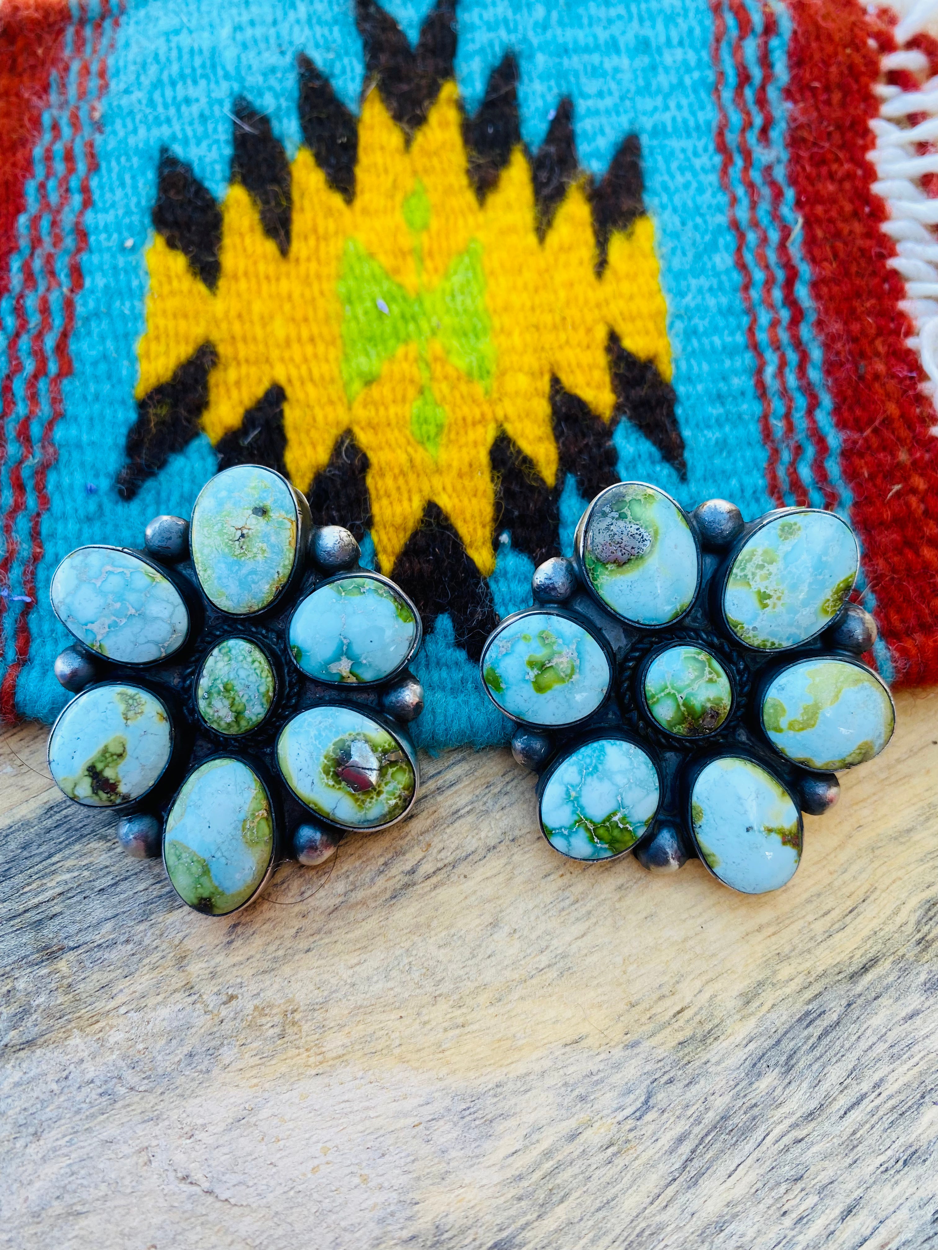 Navajo Sterling Silver & Sonoran Gold Turquoise Cluster Earrings