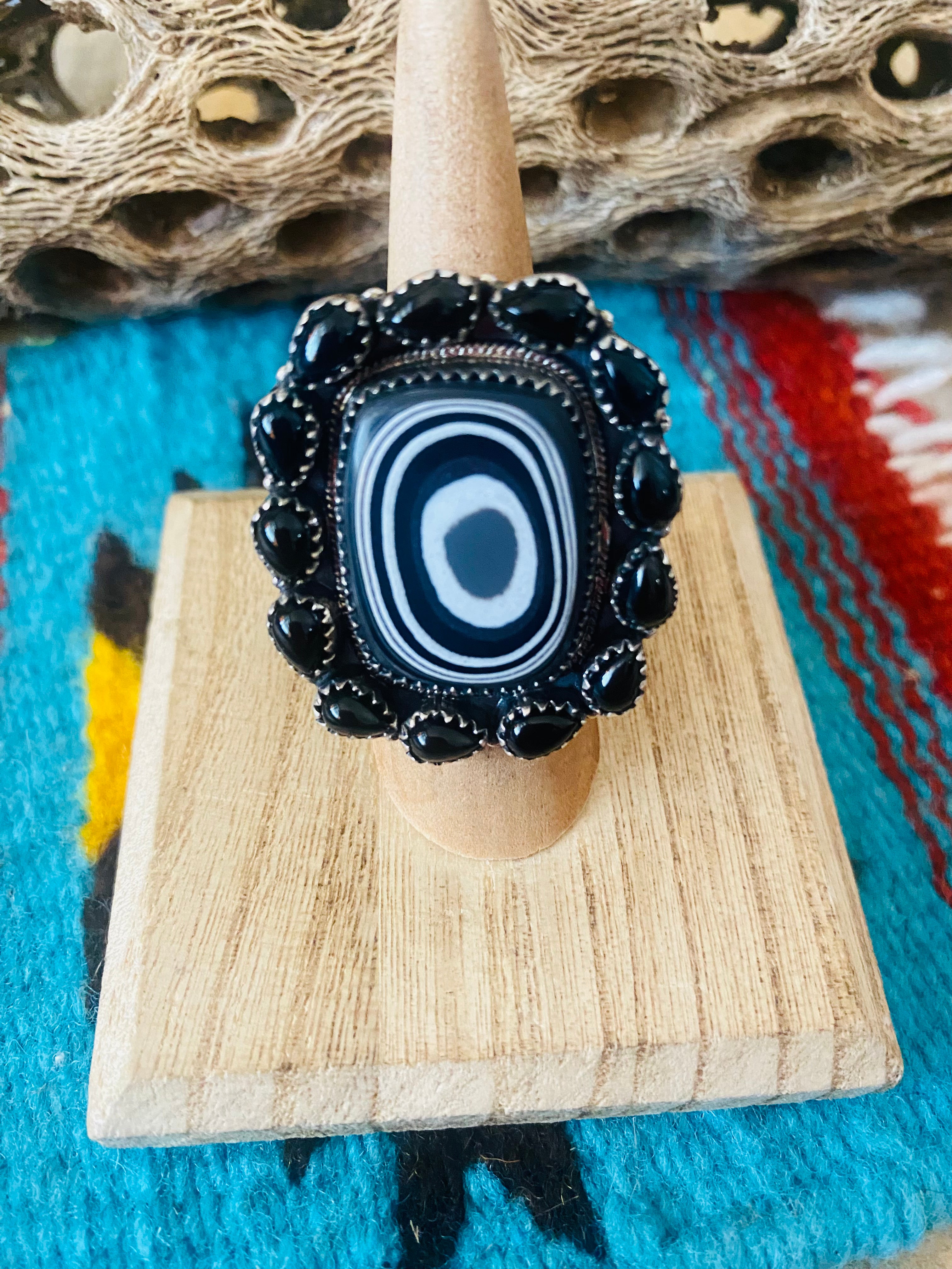 Handmade Sterling Silver, Fordite & Onyx Cluster Adjustable Ring