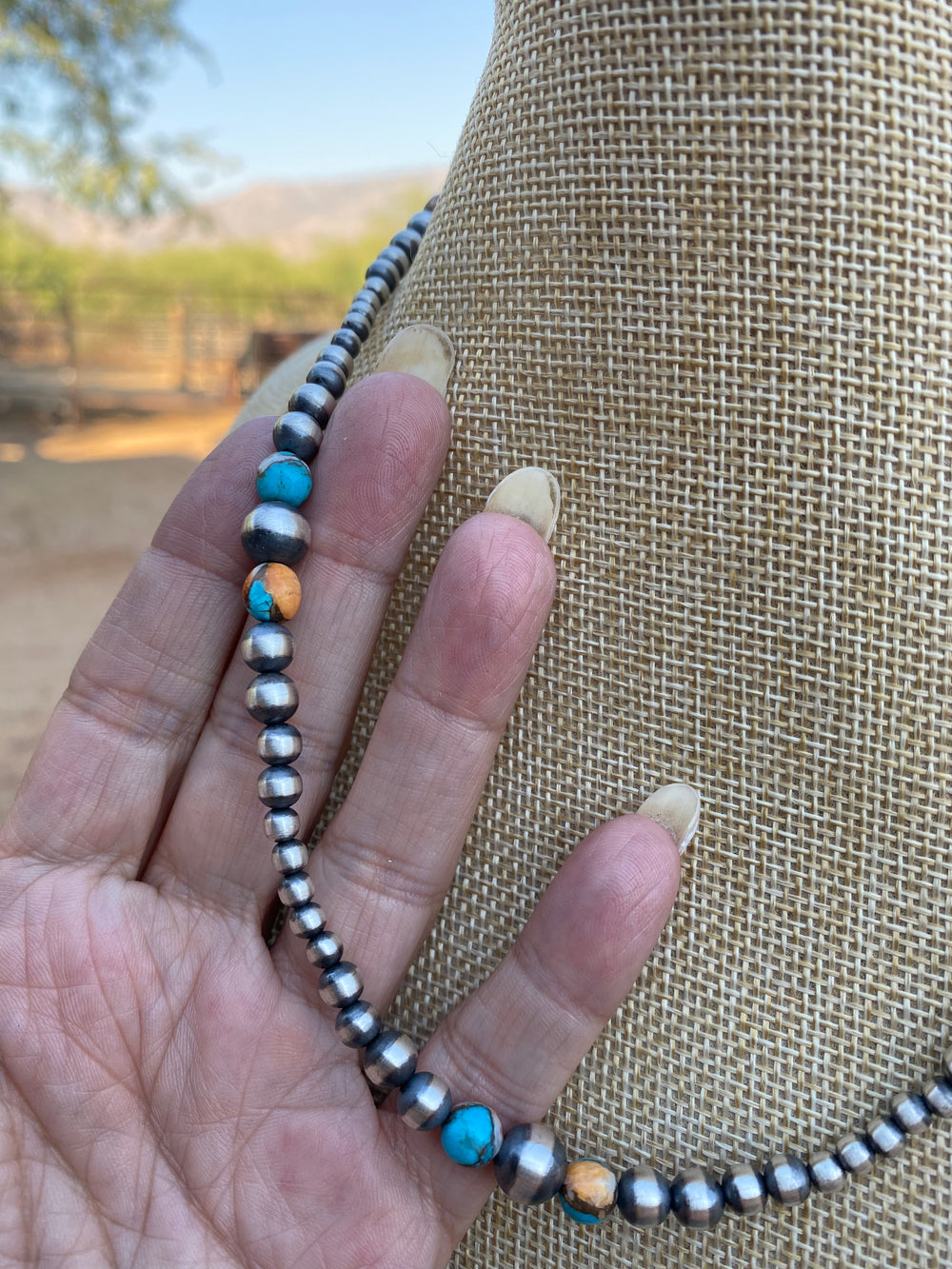 Handcrafted Turquoise & Spiny Spice Sterling Silver Beaded Necklace 18 inch