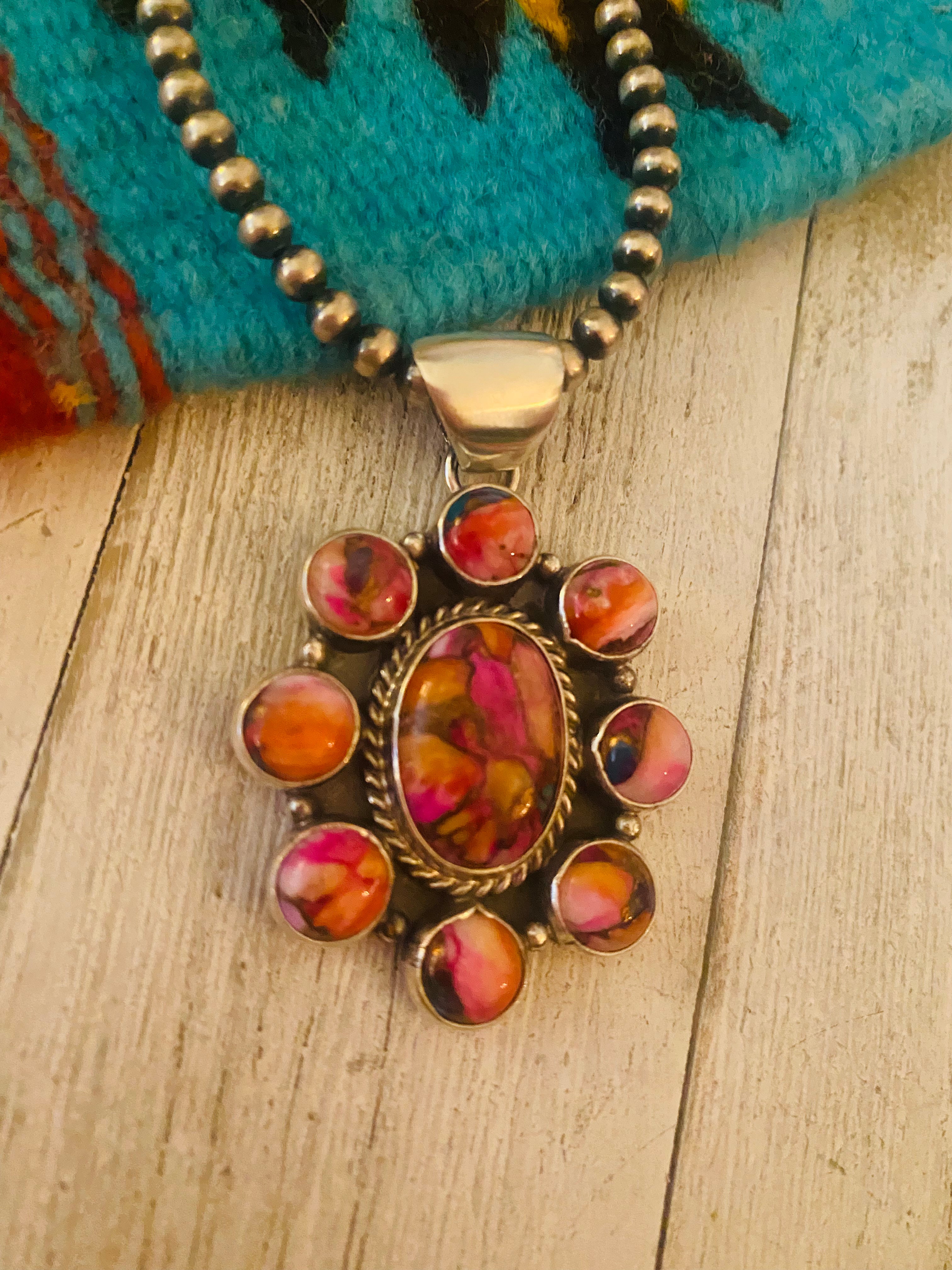 Navajo Pink Dream Mojave & Sterling Silver Cluster Pendant