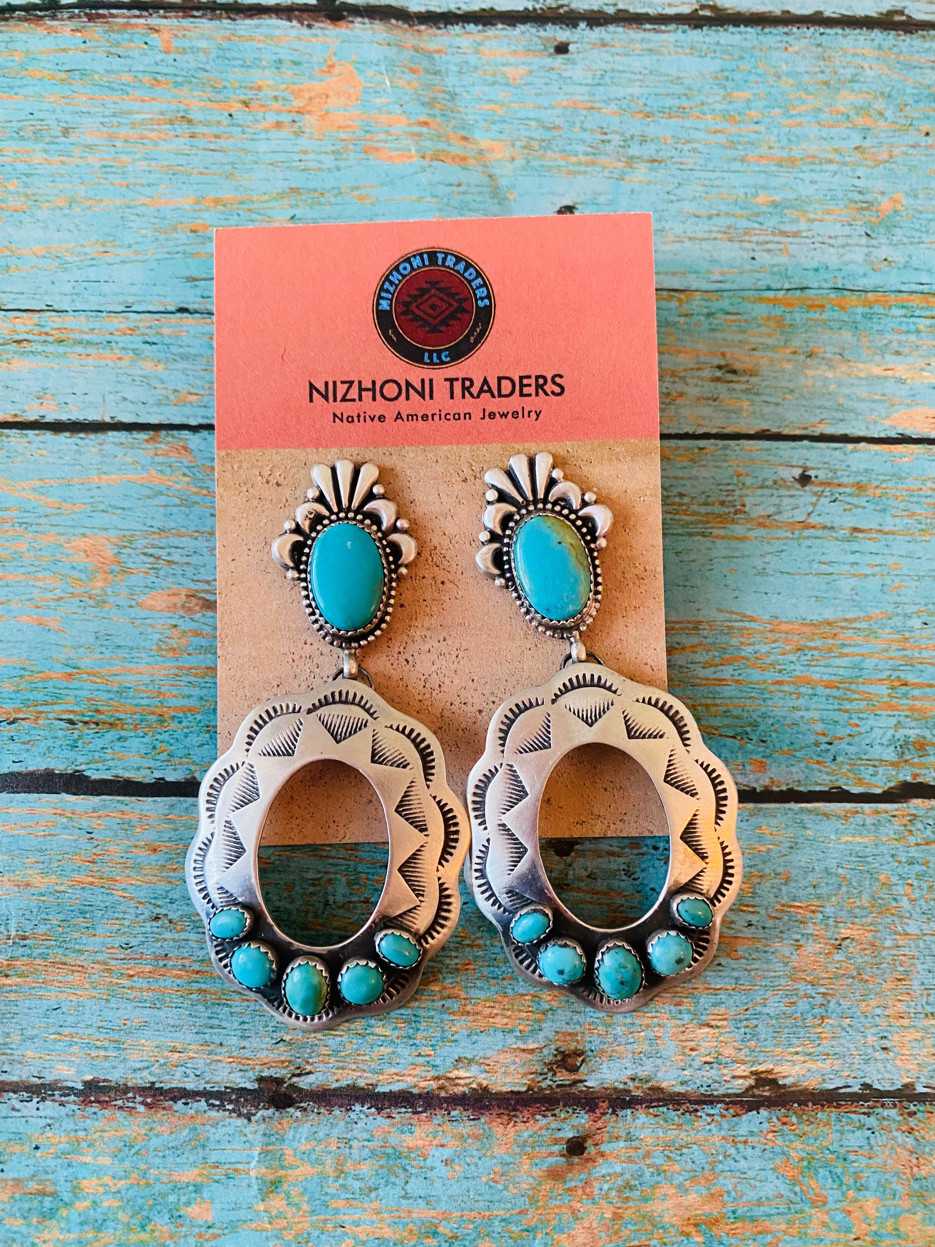 Navajo Sterling Silver & Turquoise Concho Dangle Earrings