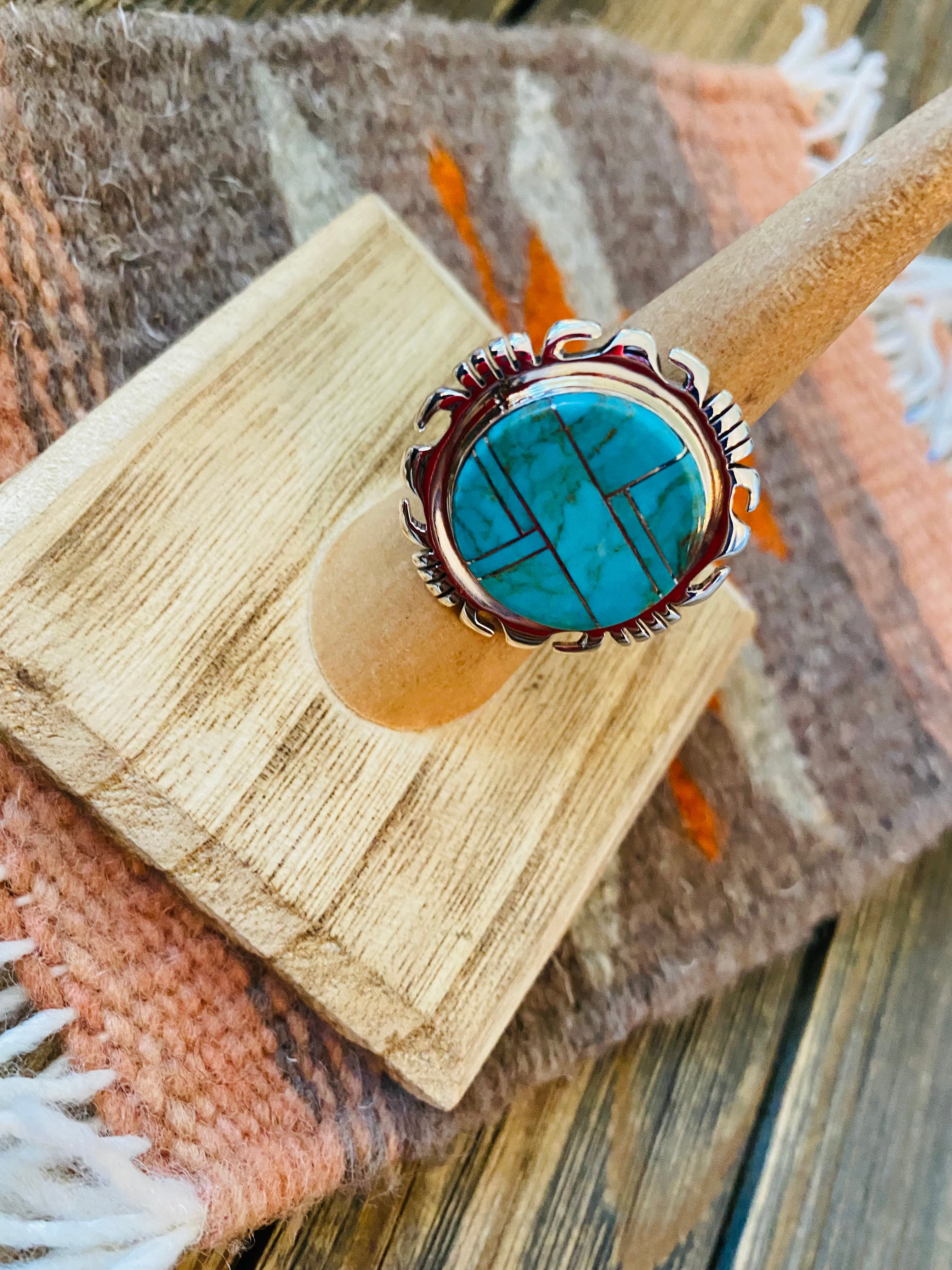 Navajo Sterling Silver & Turquoise Inlay Ring Size 6.75