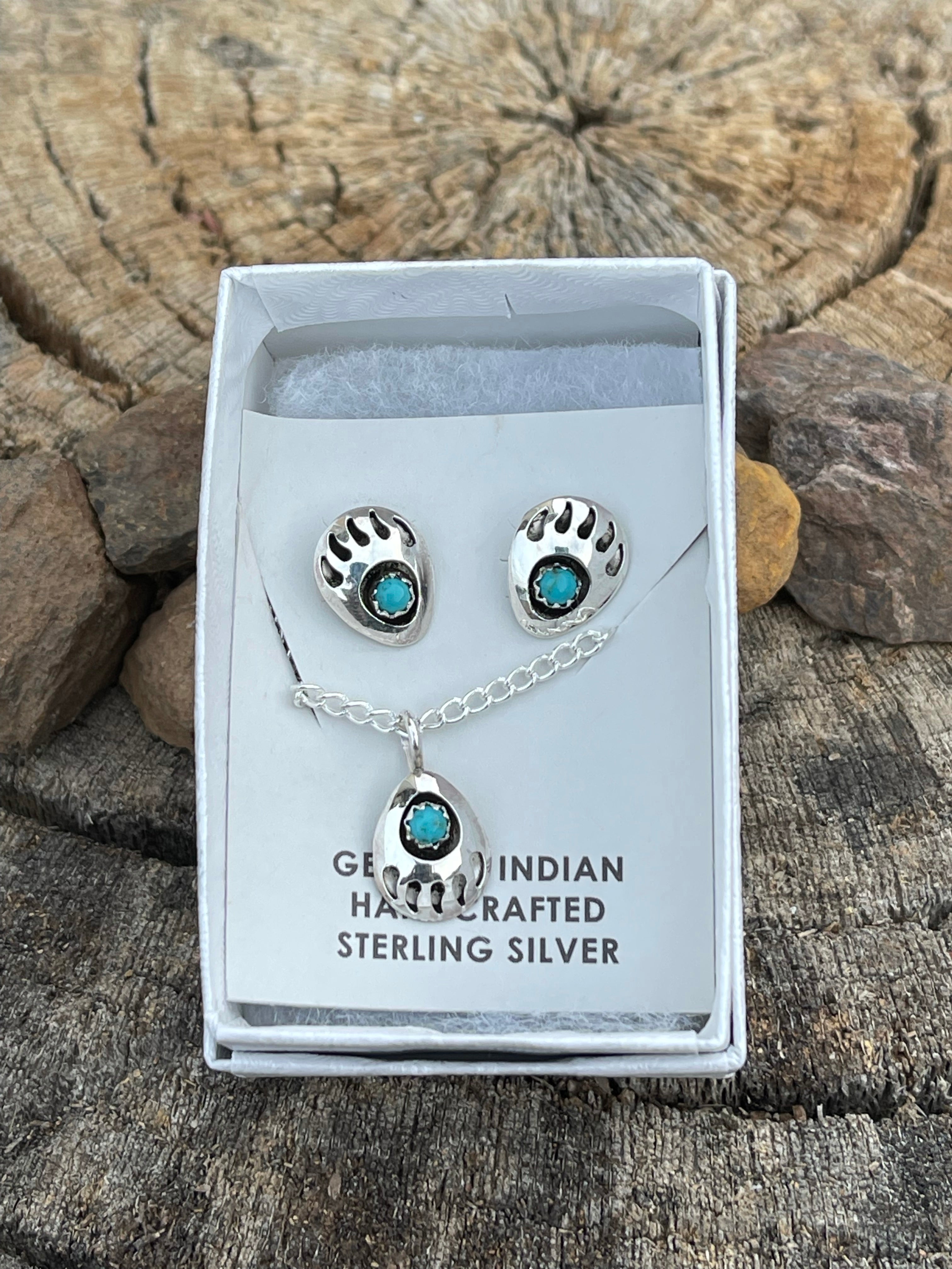 Navajo Sterling Silver Turquoise Bear Paw Set