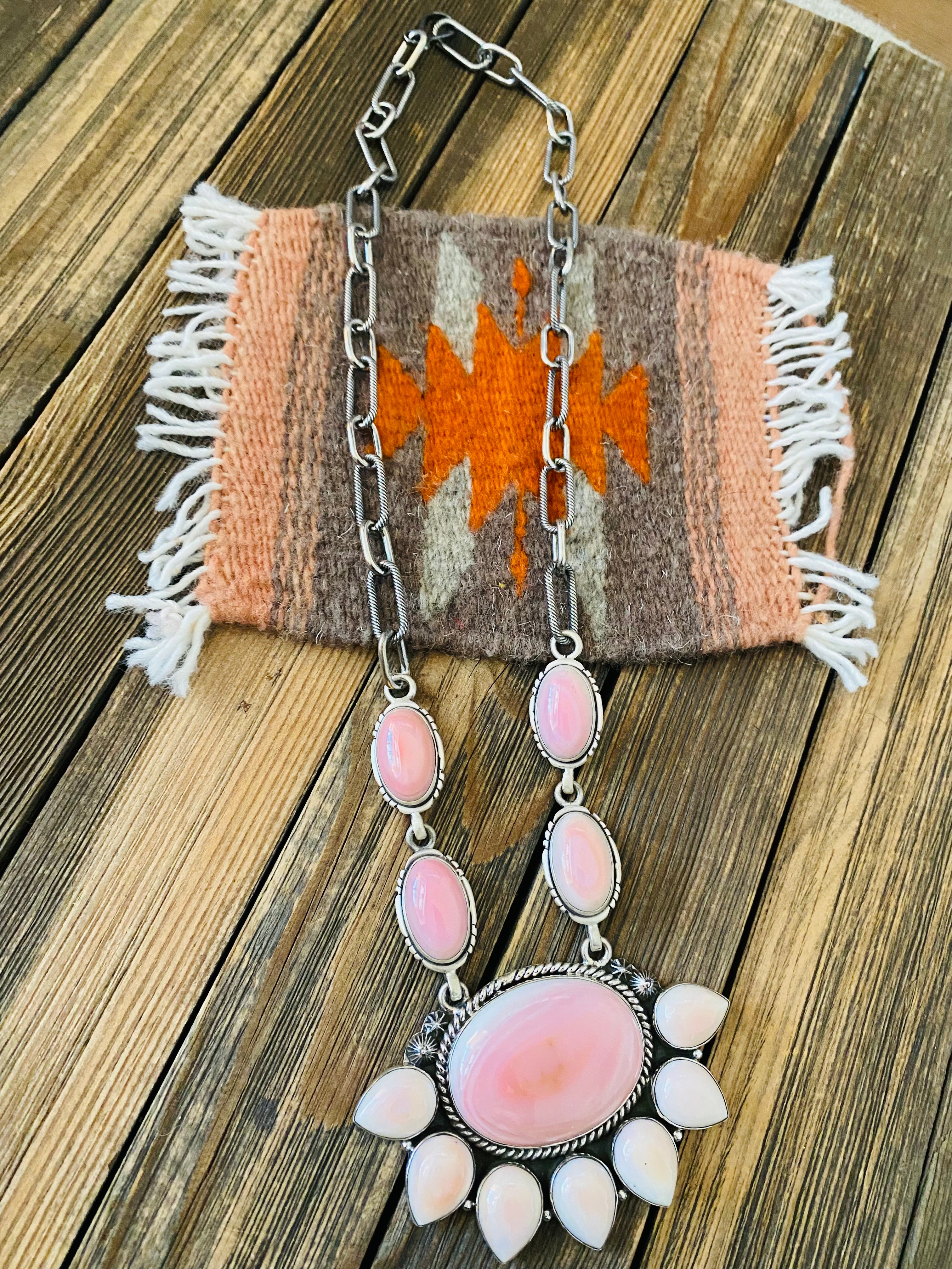 Navajo Queen Pink Conch Shell And Sterling Silver Cluster Necklace