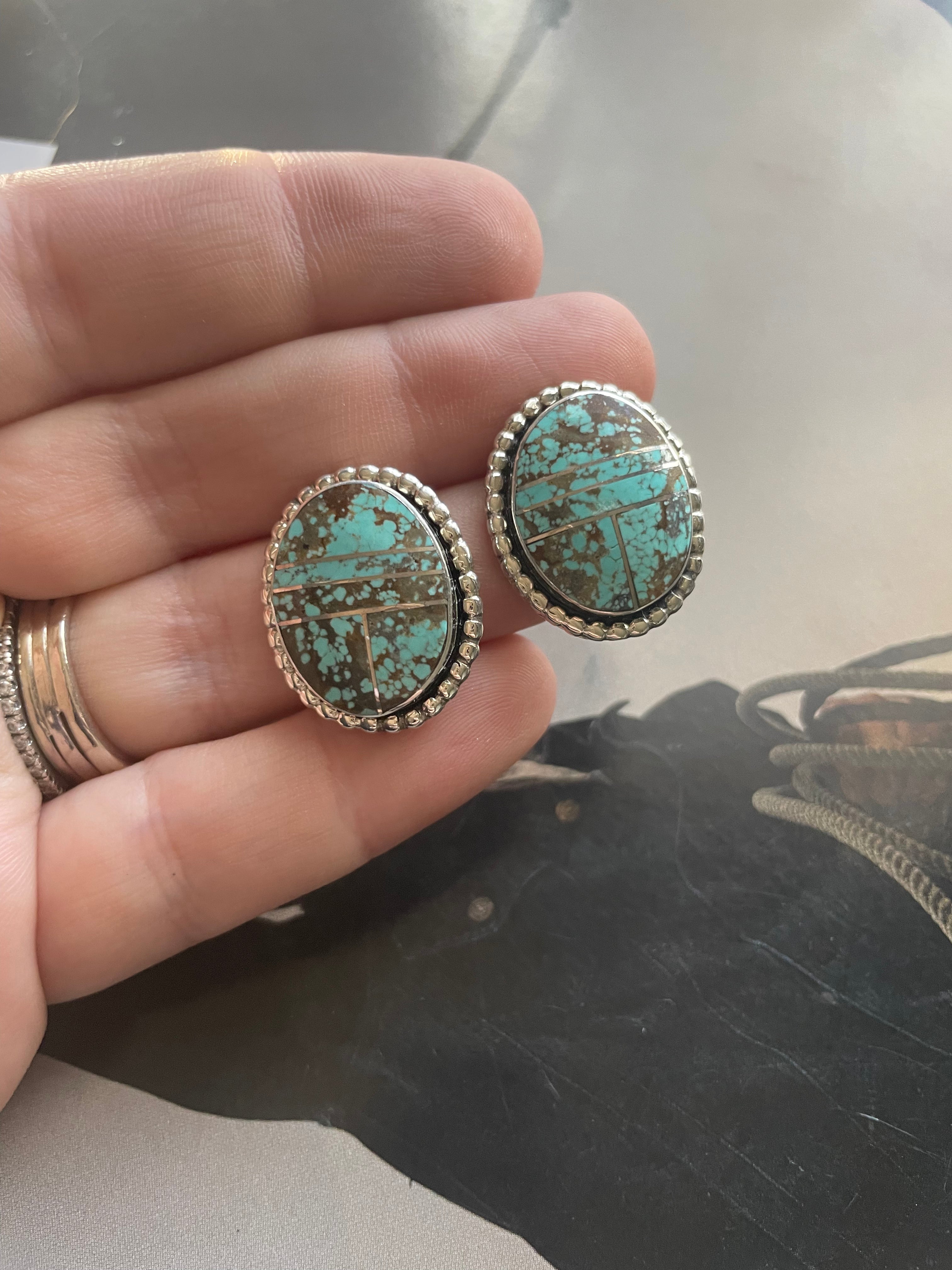 Navajo Number 8 Turquoise Inlay & Sterling Silver Stud Earrings