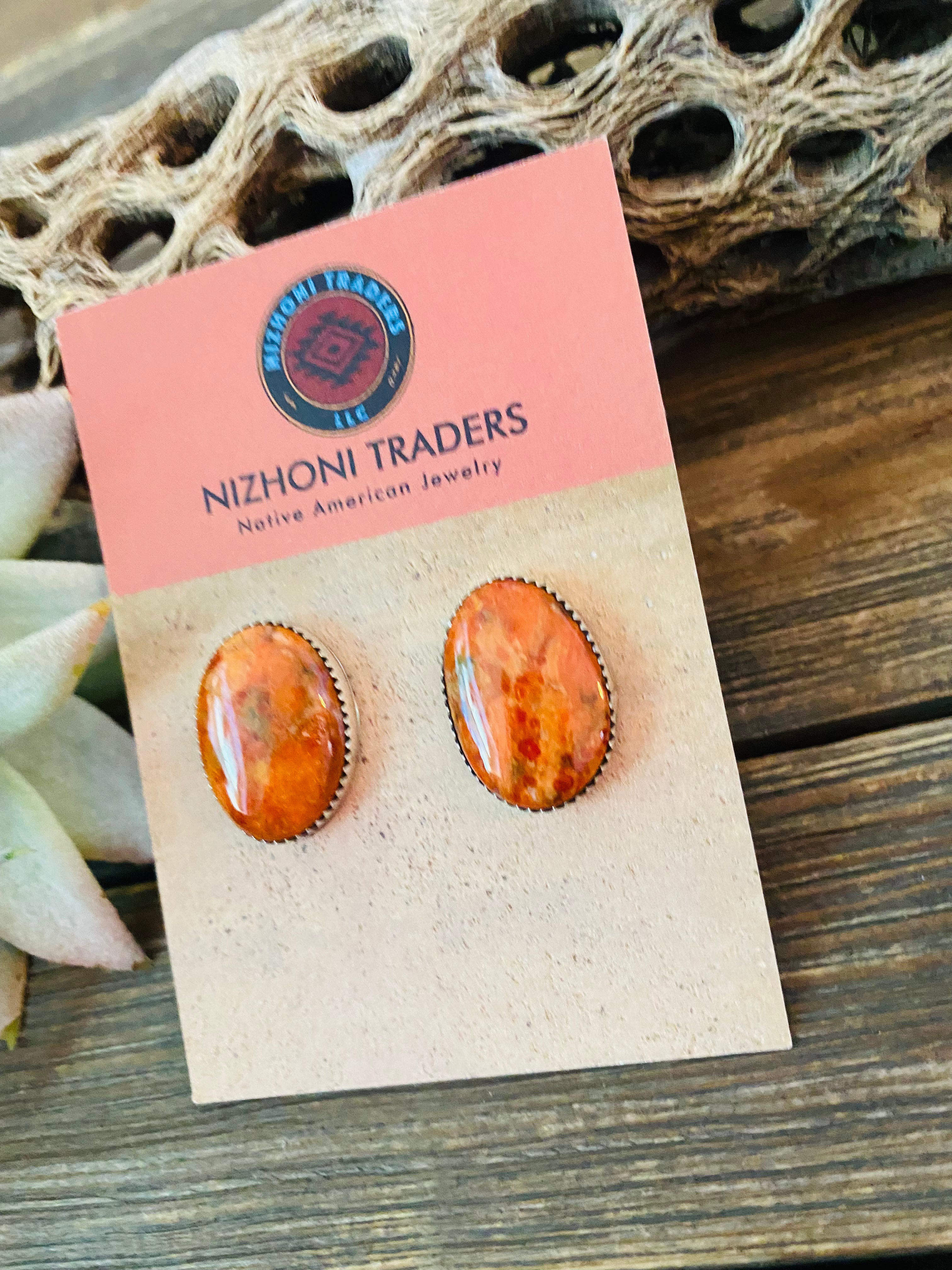 Navajo Sterling Silver & Orange Spiny Post Earrings 7/8”