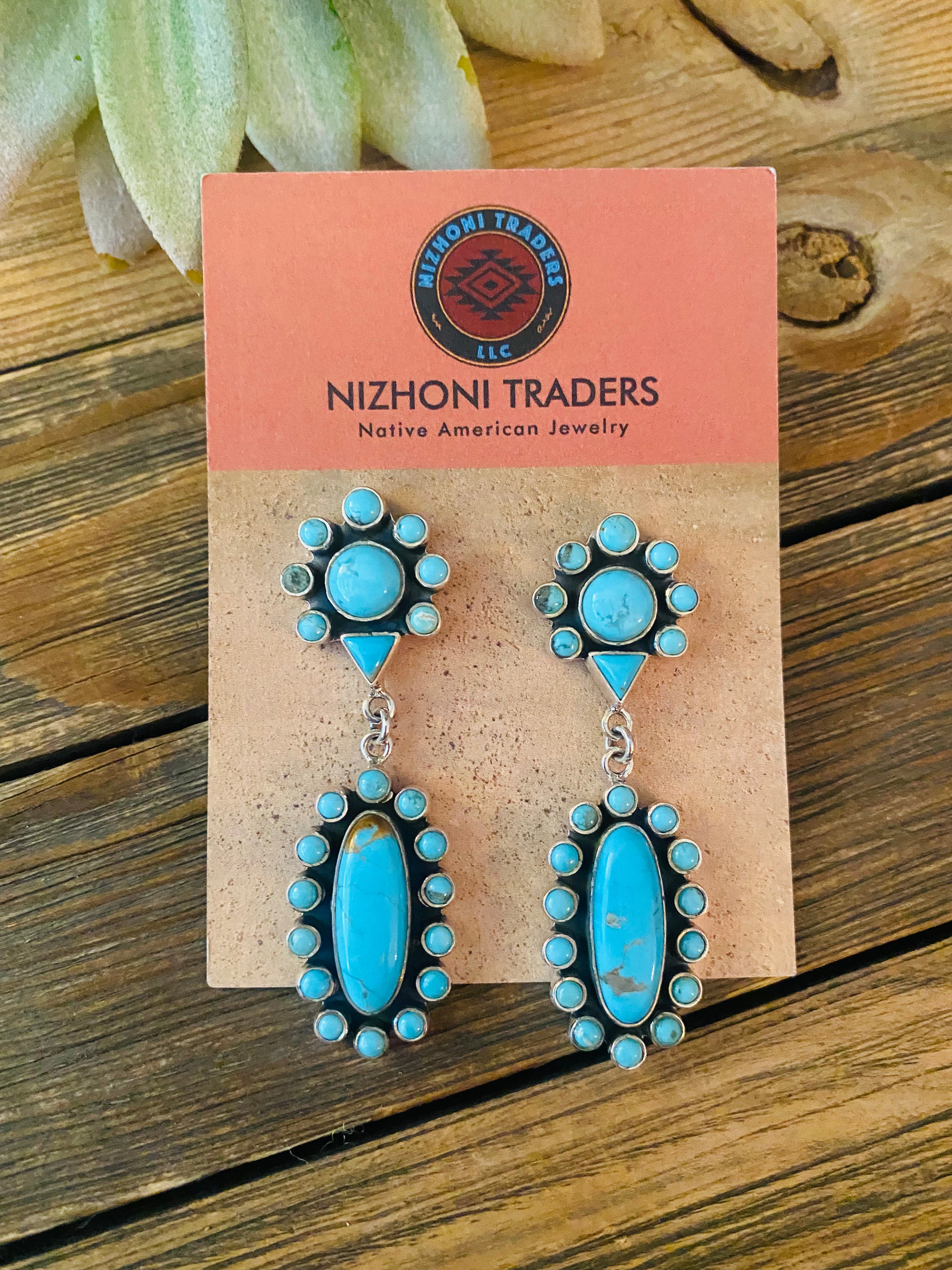 Handmade Turquoise And Sterling Silver Cluster Dangle Earrings