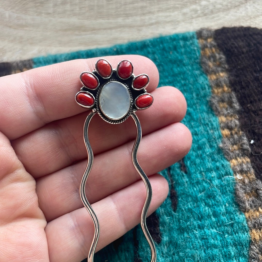 Handmade Pearl & Coral Sterling Silver Hair Pin Signed Nizhoni