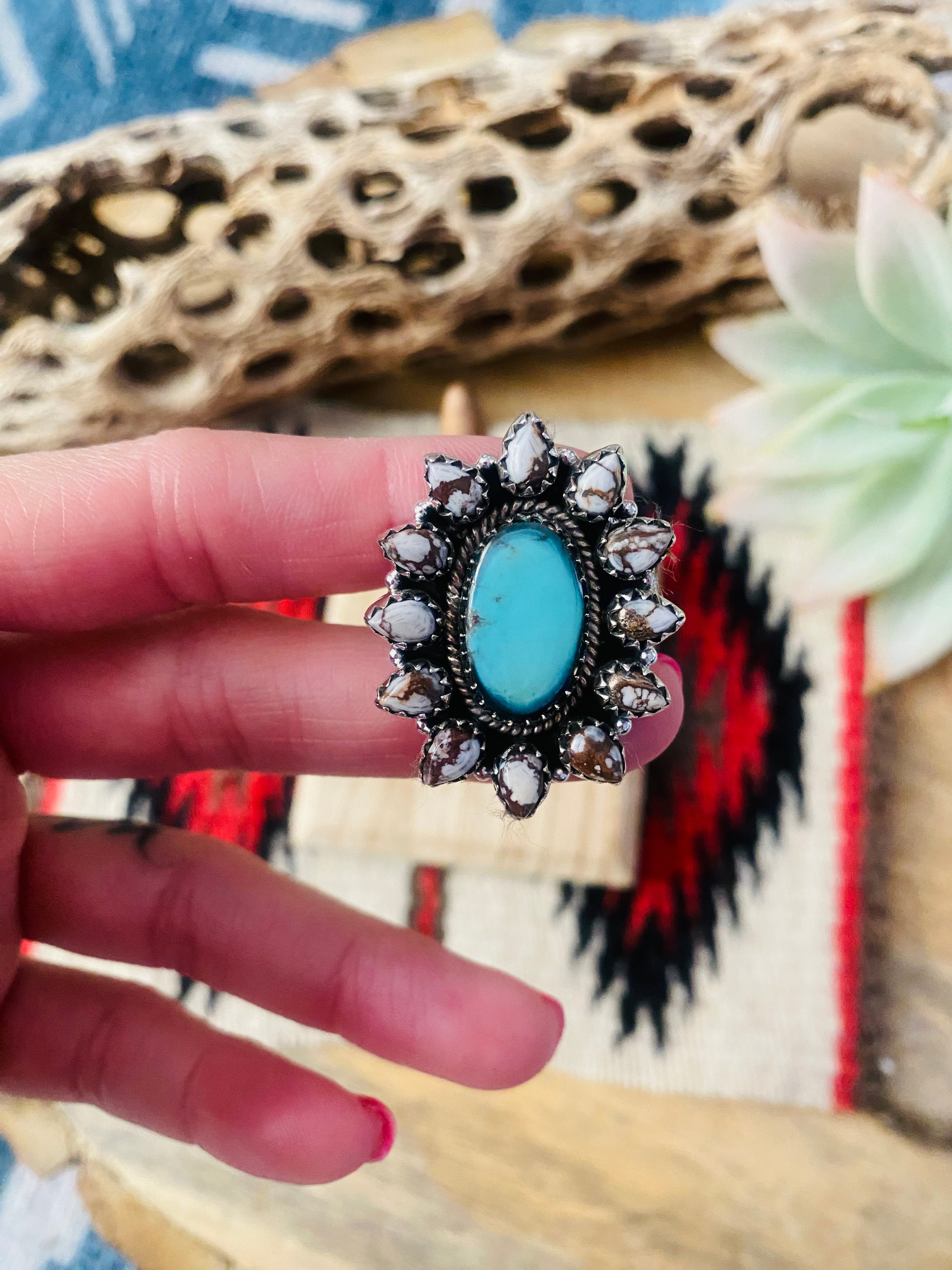 Handmade Sterling Silver, Wild Horse & Turquoise Cluster Adjustable Ring