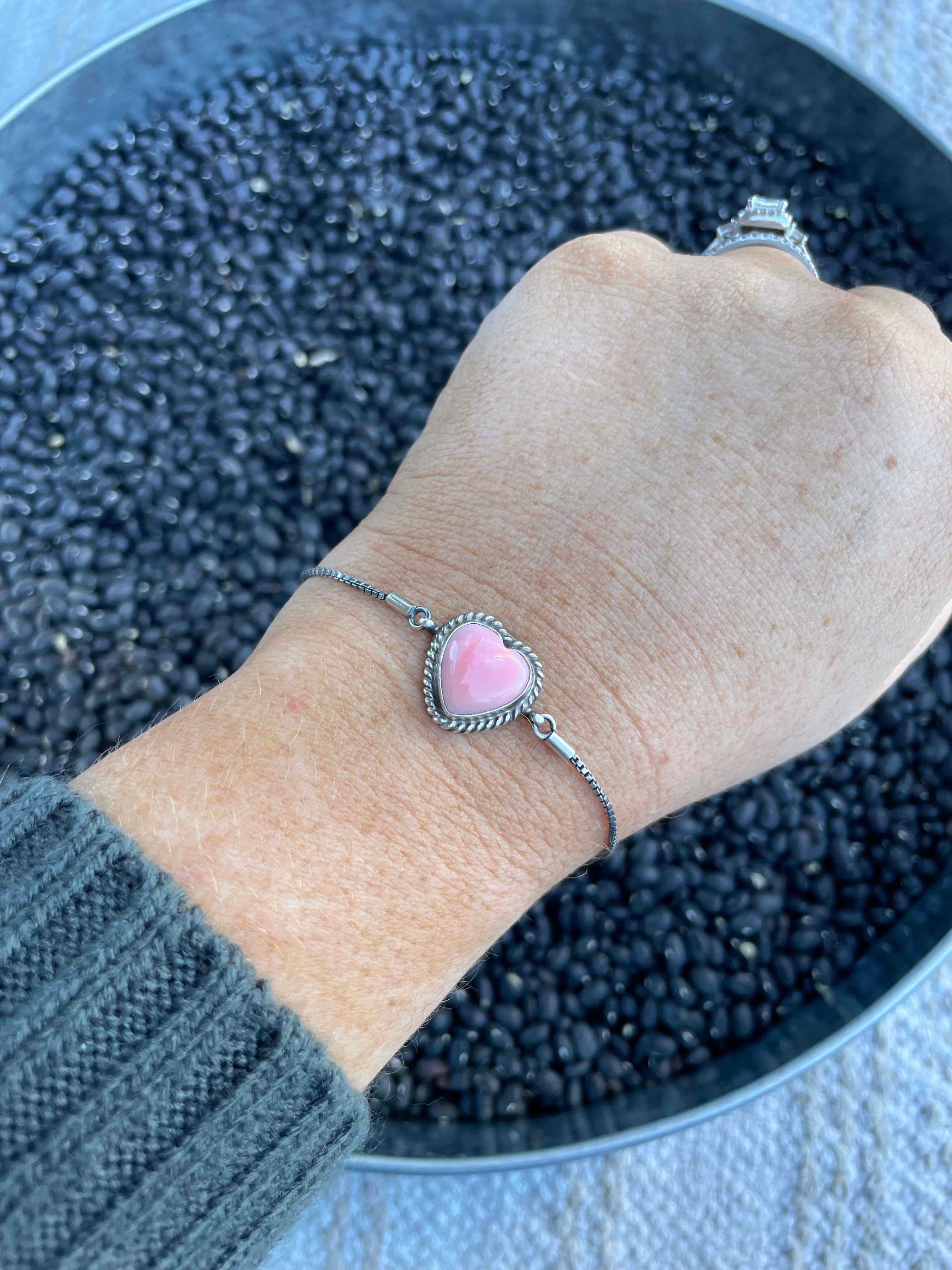 Navajo Queen Pink Conch Shell & Sterling Silver Heart Bracelet By P. Skeets