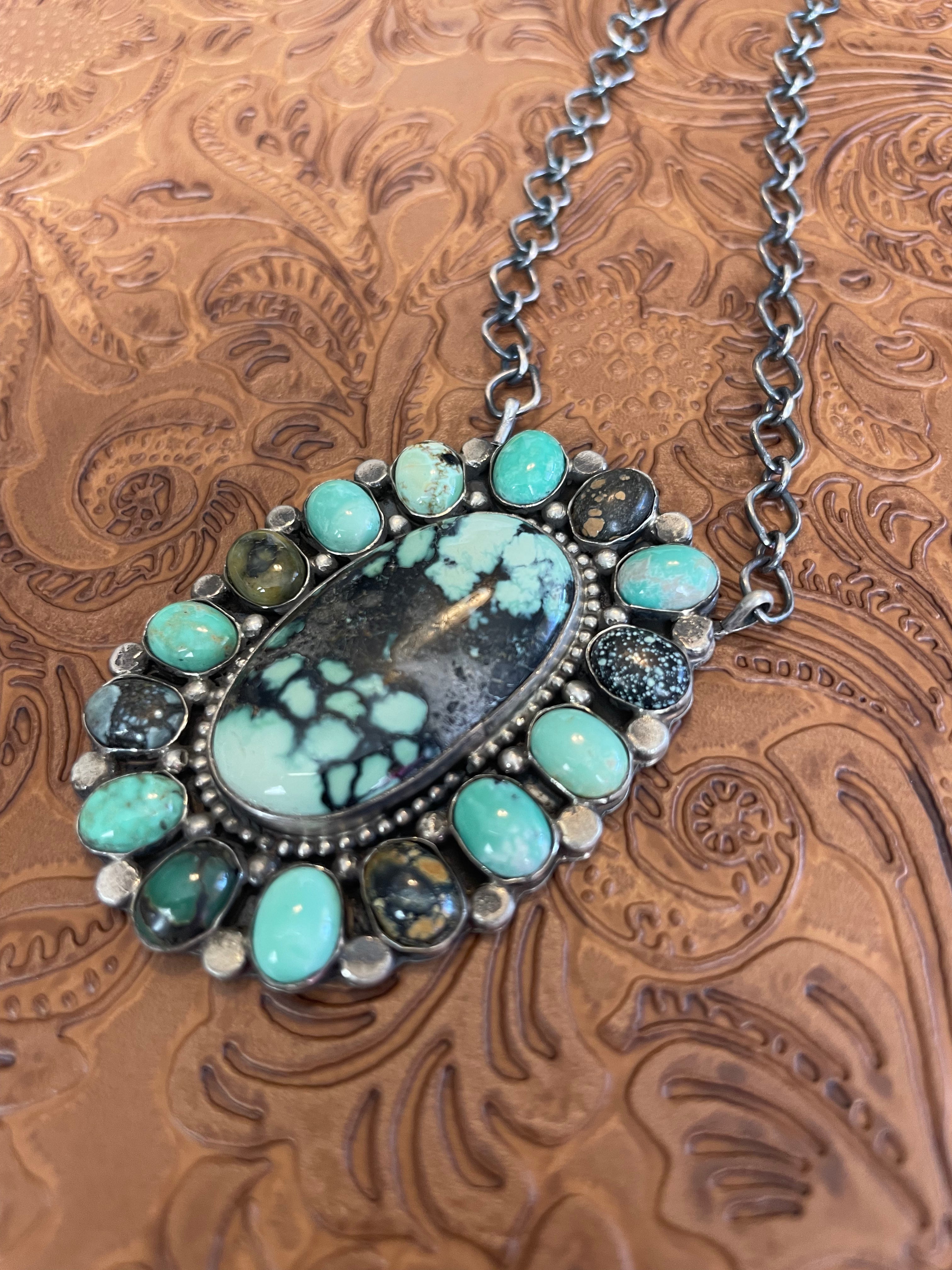 Navajo Royston & Calico Turquoise & Sterling Silver Cluster Necklace Signed & Stamped