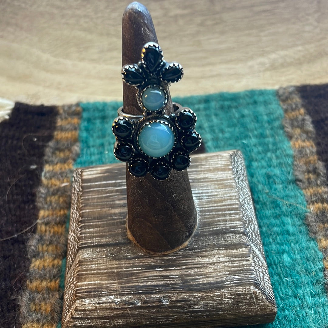 Handmade Sterling Silver, Onyx & Aqua Calcedony Adjustable Ring Signed Nizhoni