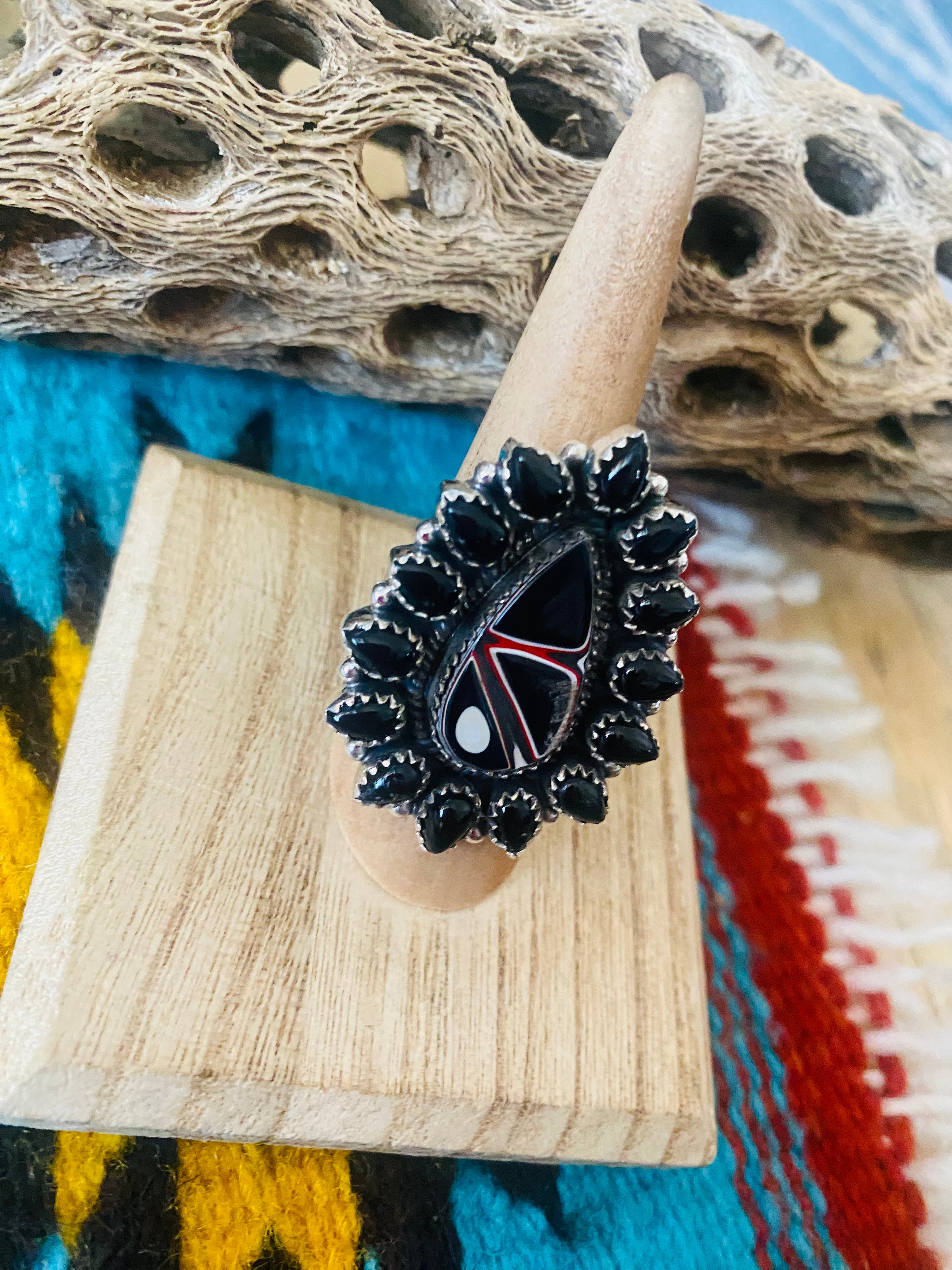 Handmade Sterling Silver, Fordite & Onyx Cluster Adjustable Ring