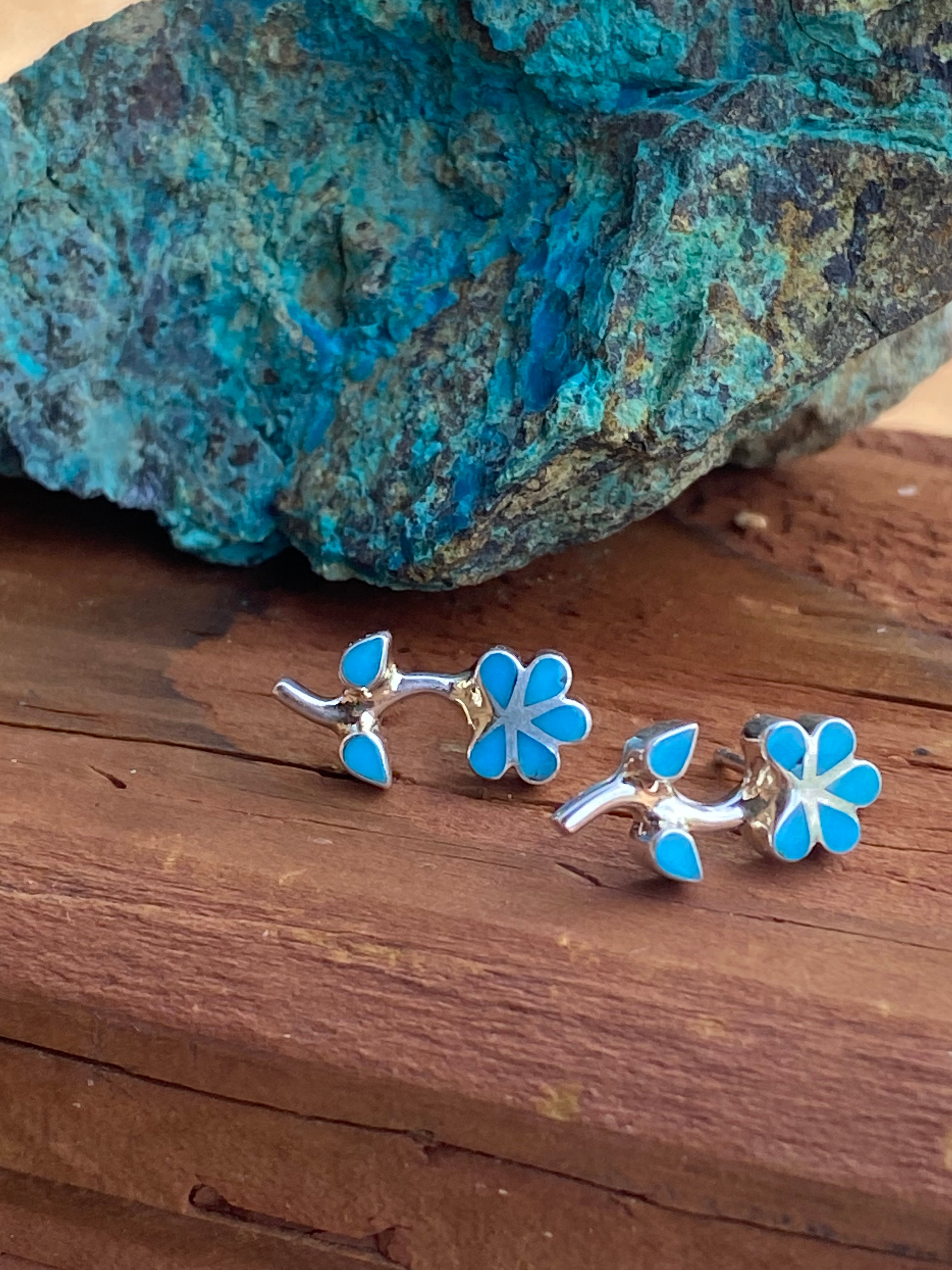 Zuni Sterling Silver & Turquoise Flower Stud Earrings