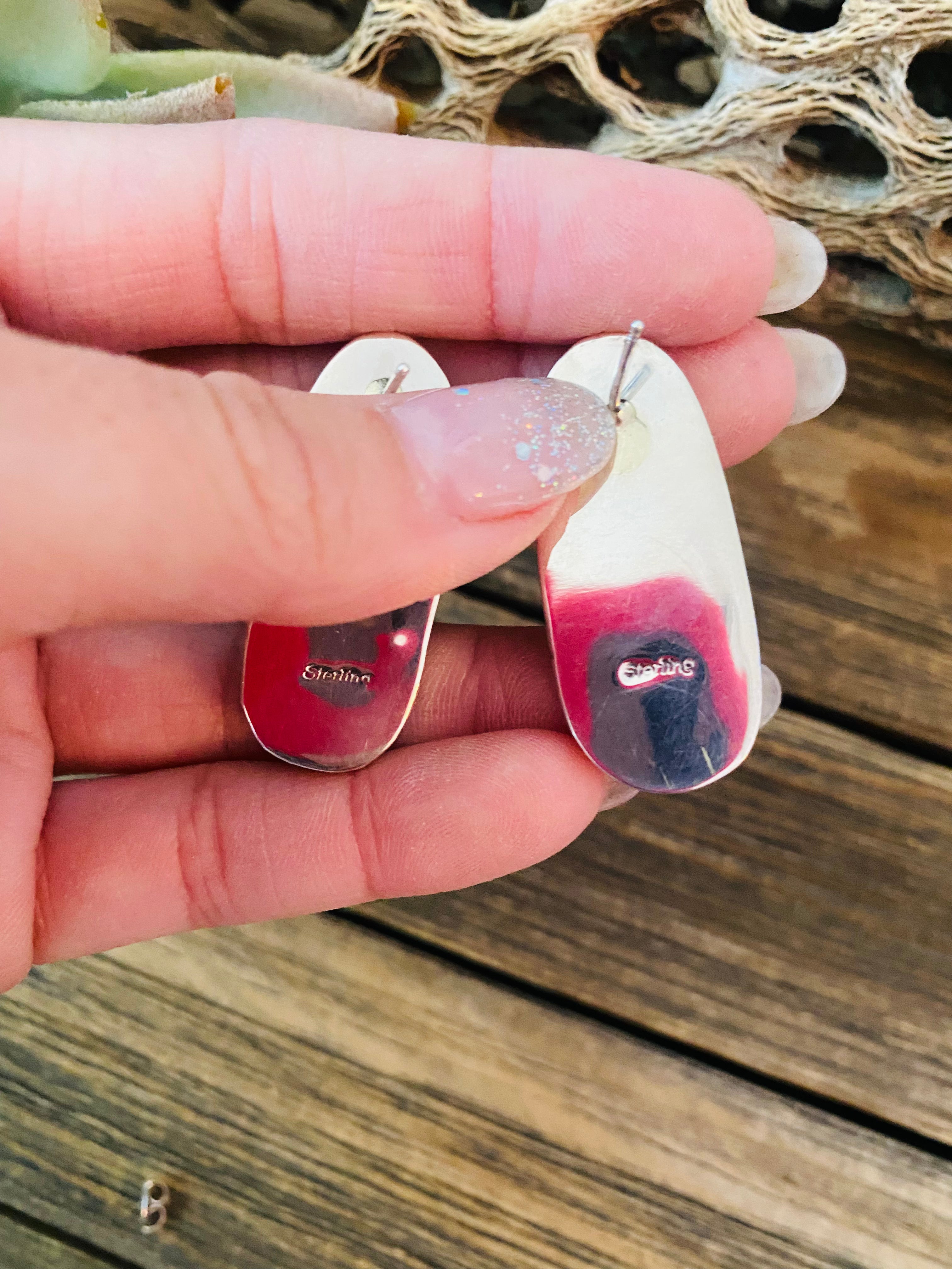 Navajo Sterling Silver & Orange Spiny Post Earrings 1.1/8”