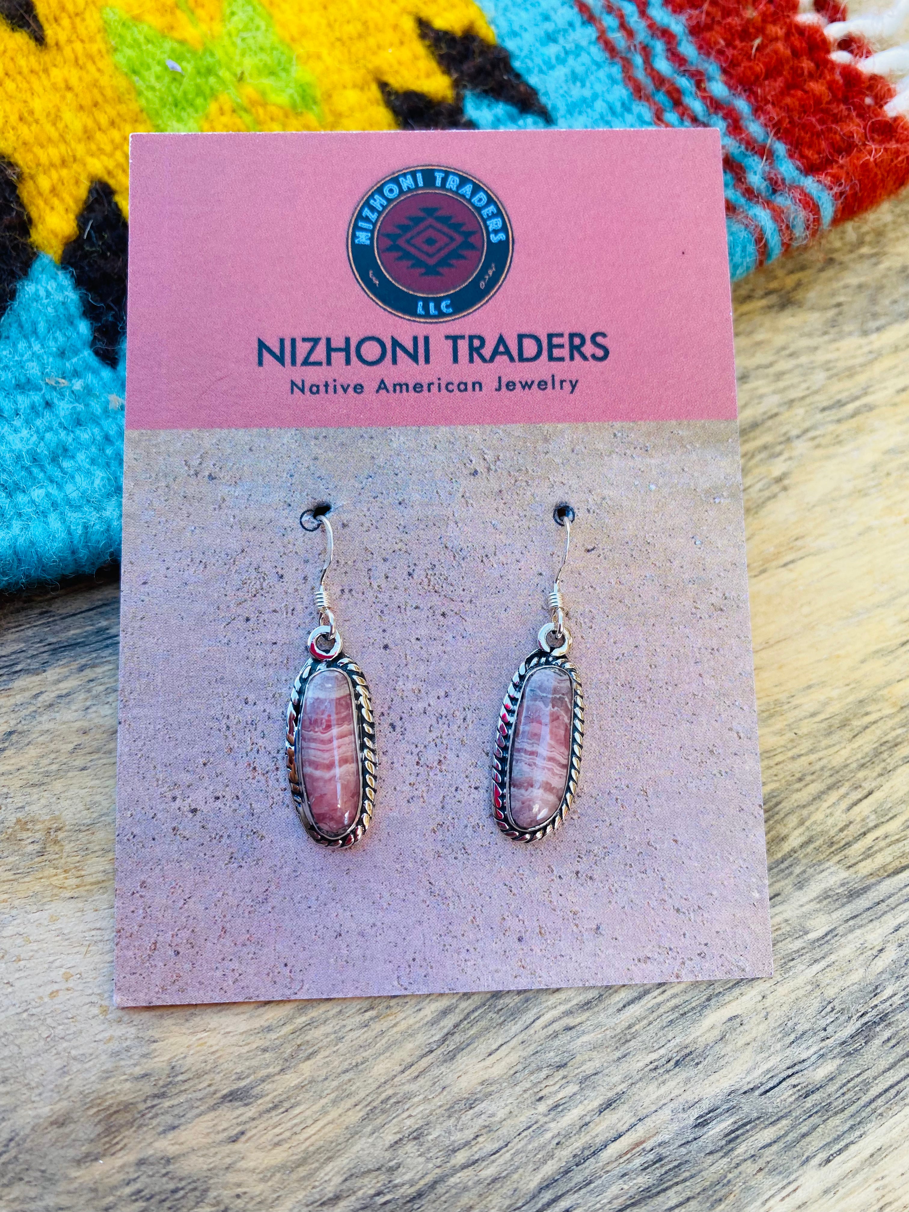 Navajo Sterling Silver & Rhodochrosite Dangle Earrings