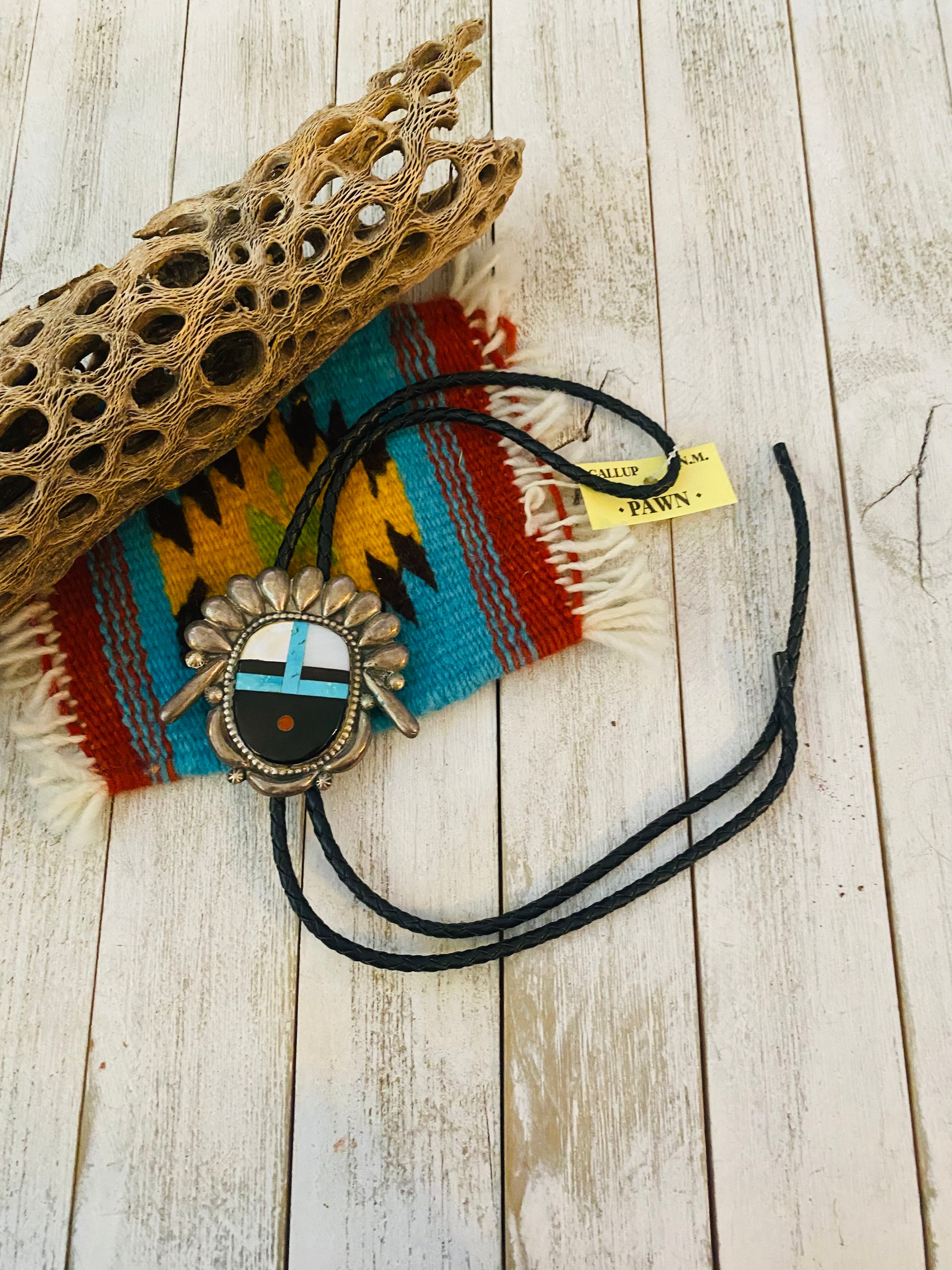 Vintage Navajo Sterling Silver & Multi Stone Inlay Bolo Tie