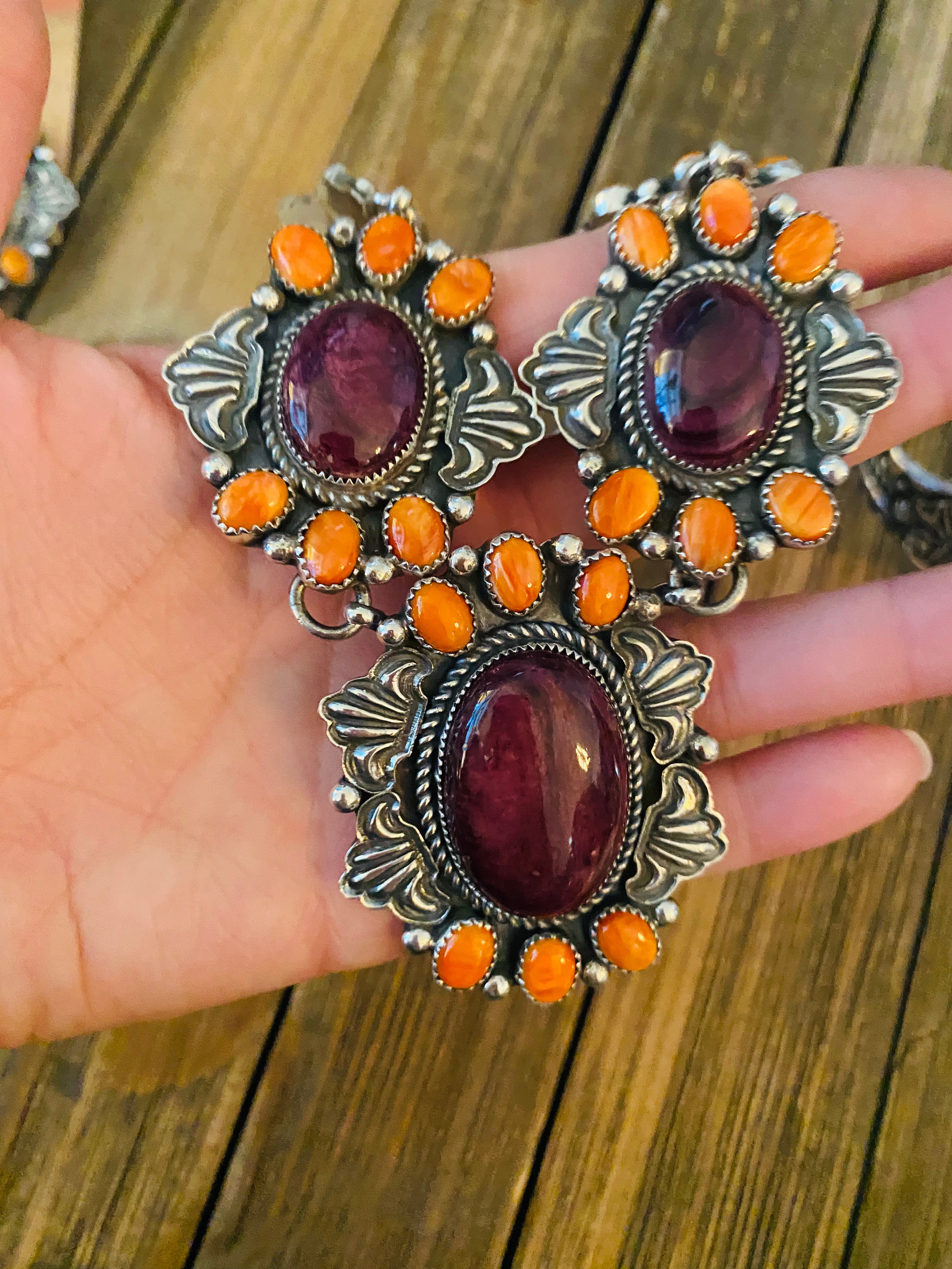 Navajo Multicolor Spiny And Sterling Silver 4 Piece Set by Kevin Billah