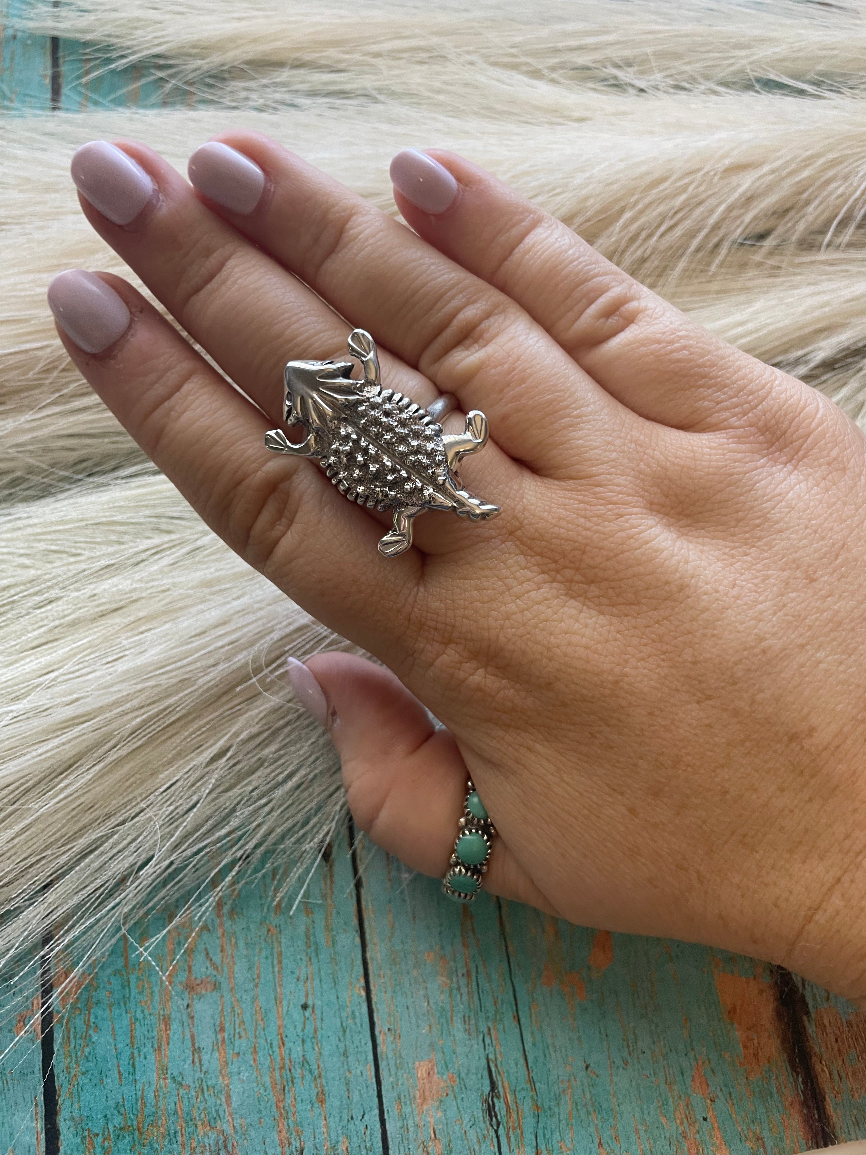 Navajo Sterling Silver Horny Toad Adjustable Ring Signed