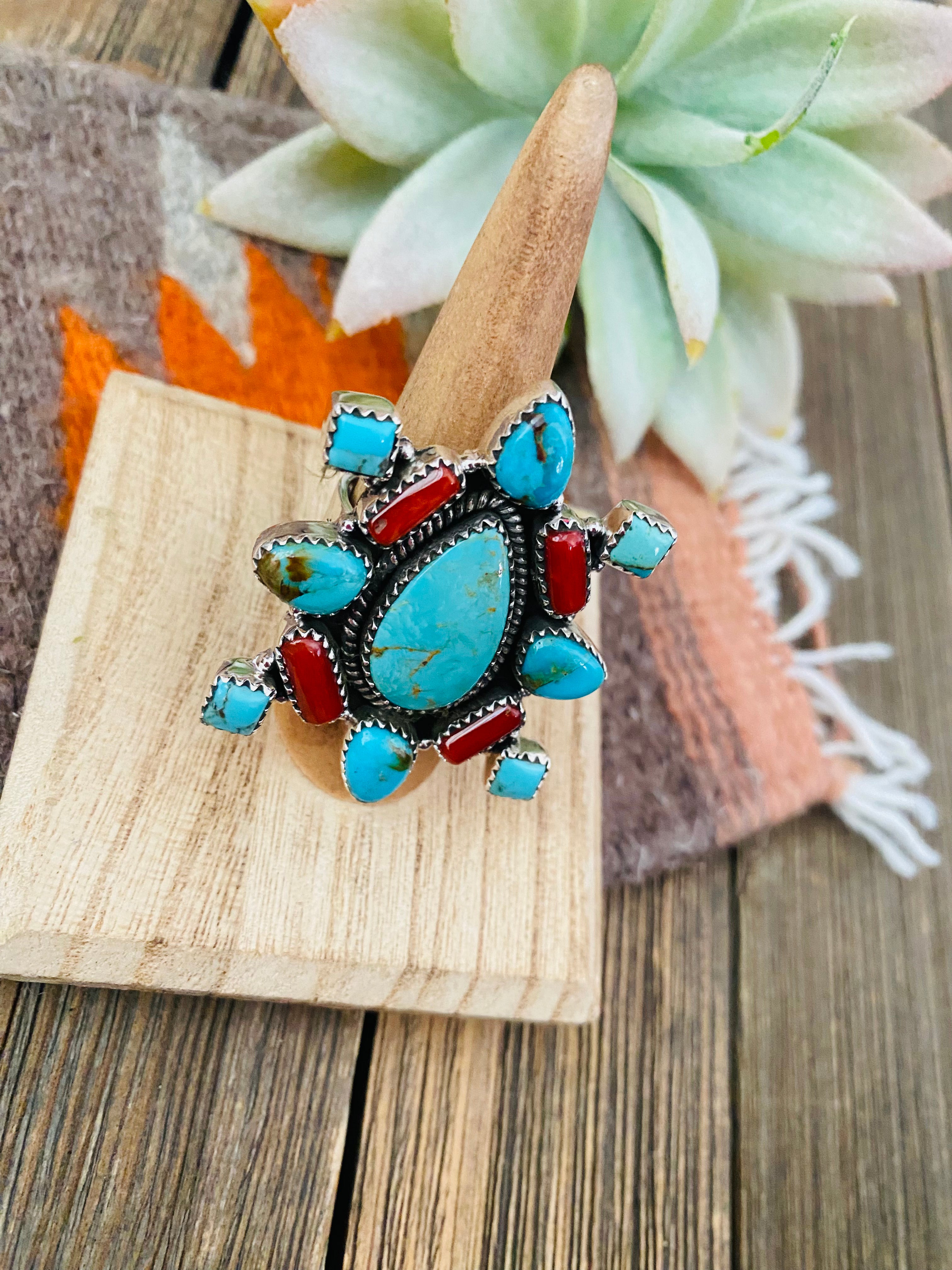 Handmade Sterling Silver, Turquoise & Coral Cluster Adjustable Ring