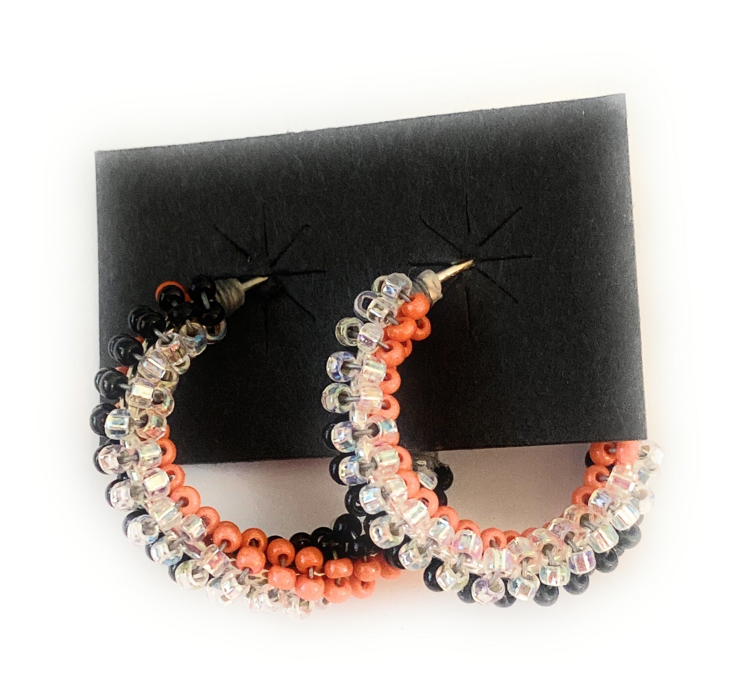 Navajo Handmade Beaded Hoop Earrings-silver/orange