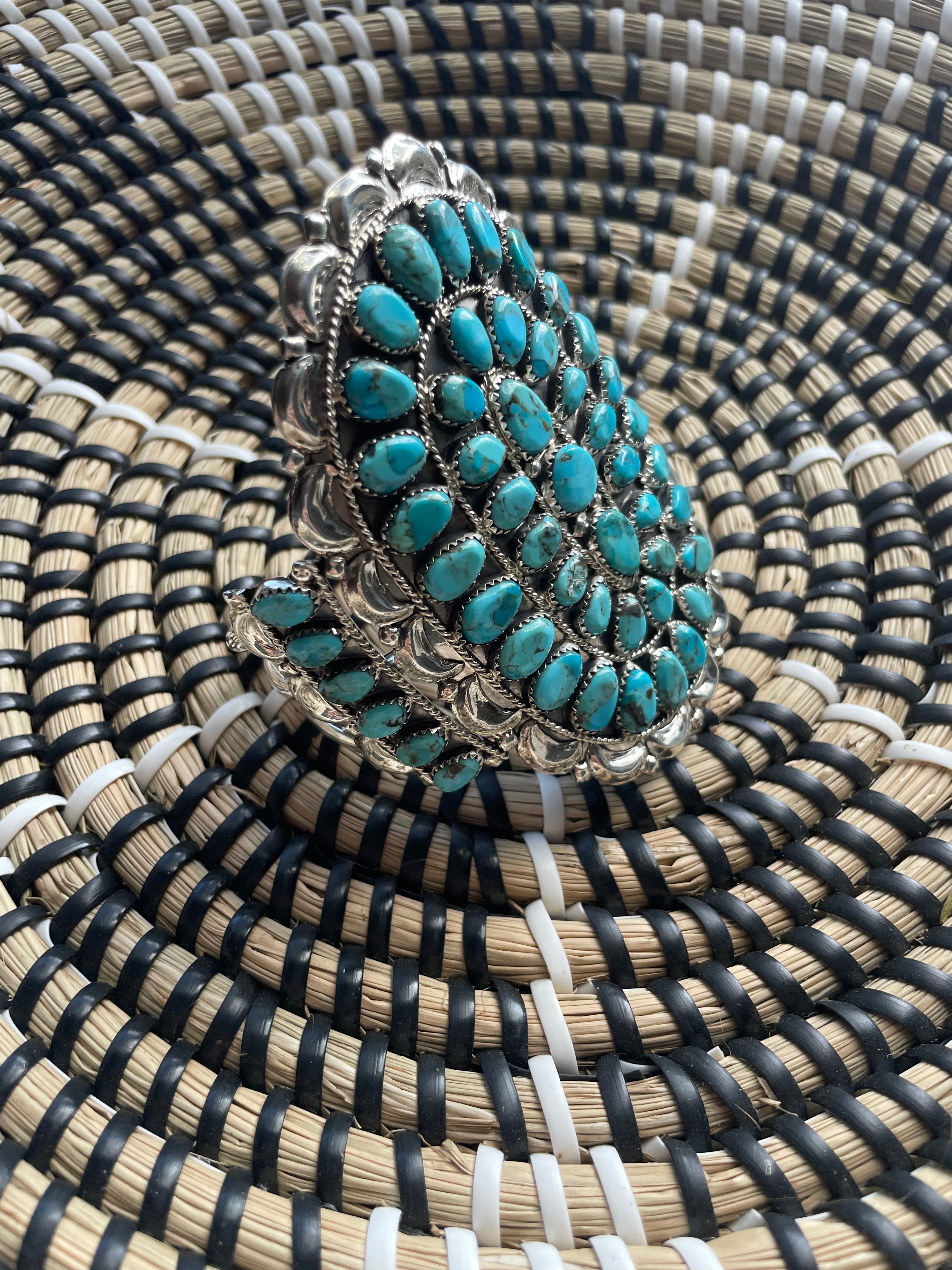 Navajo Sterling Silver & Turquoise Statement Cuff Bracelet Signed /