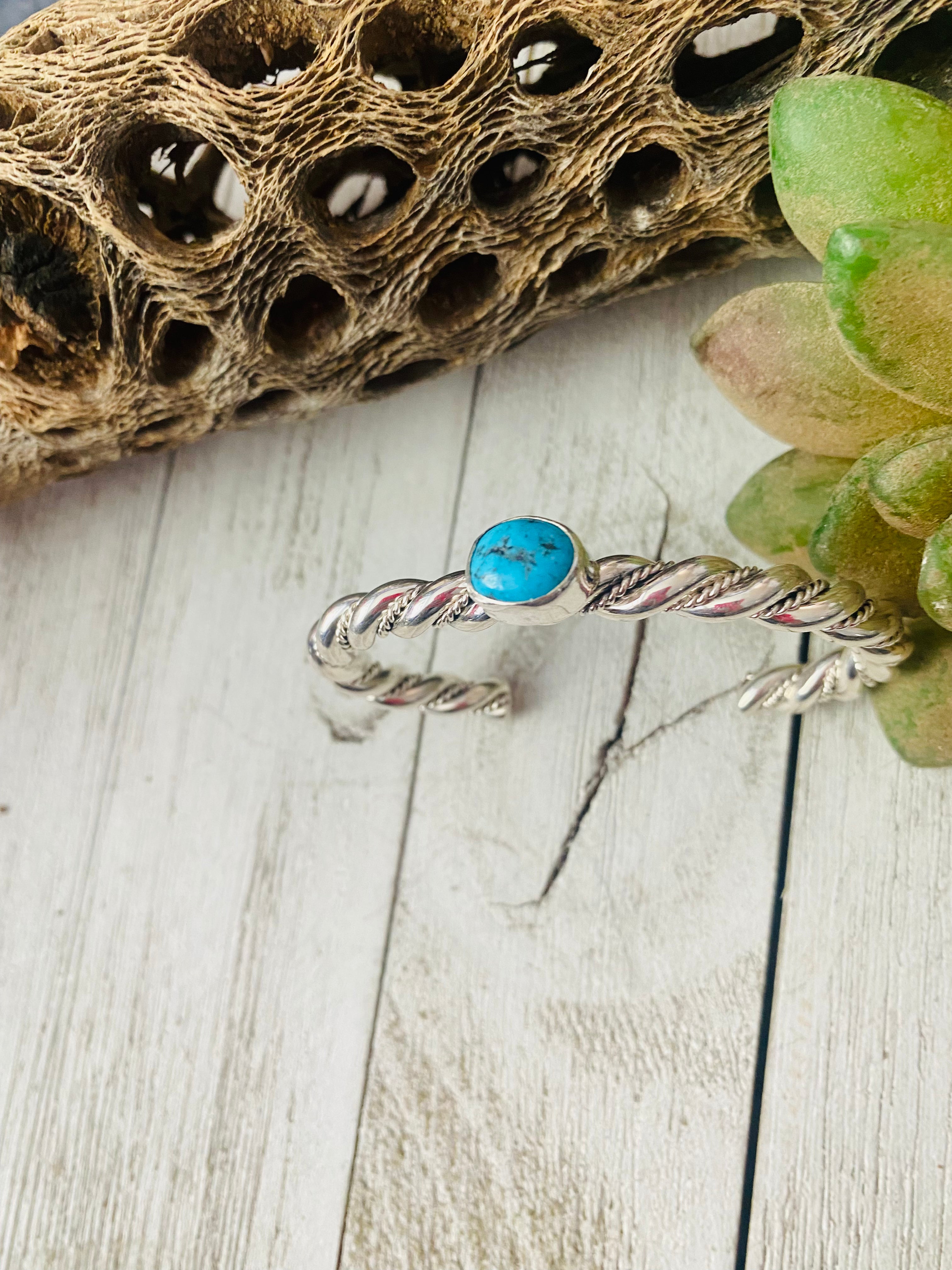 Navajo Twisted Sterling Silver & Kingman Turquoise Cuff Bracelet