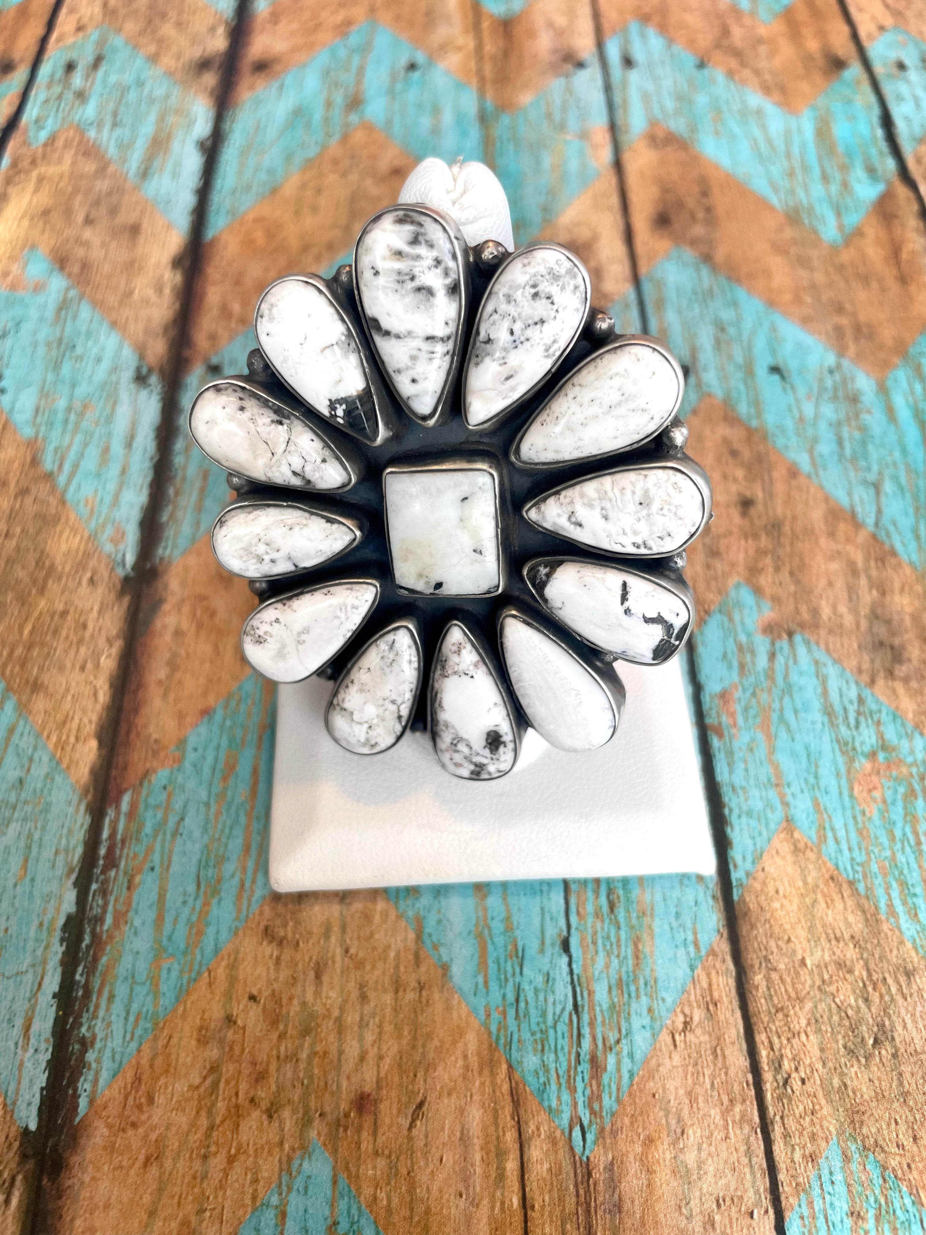 Navajo Sterling Silver & White Buffalo Cluster Adjustable Ring