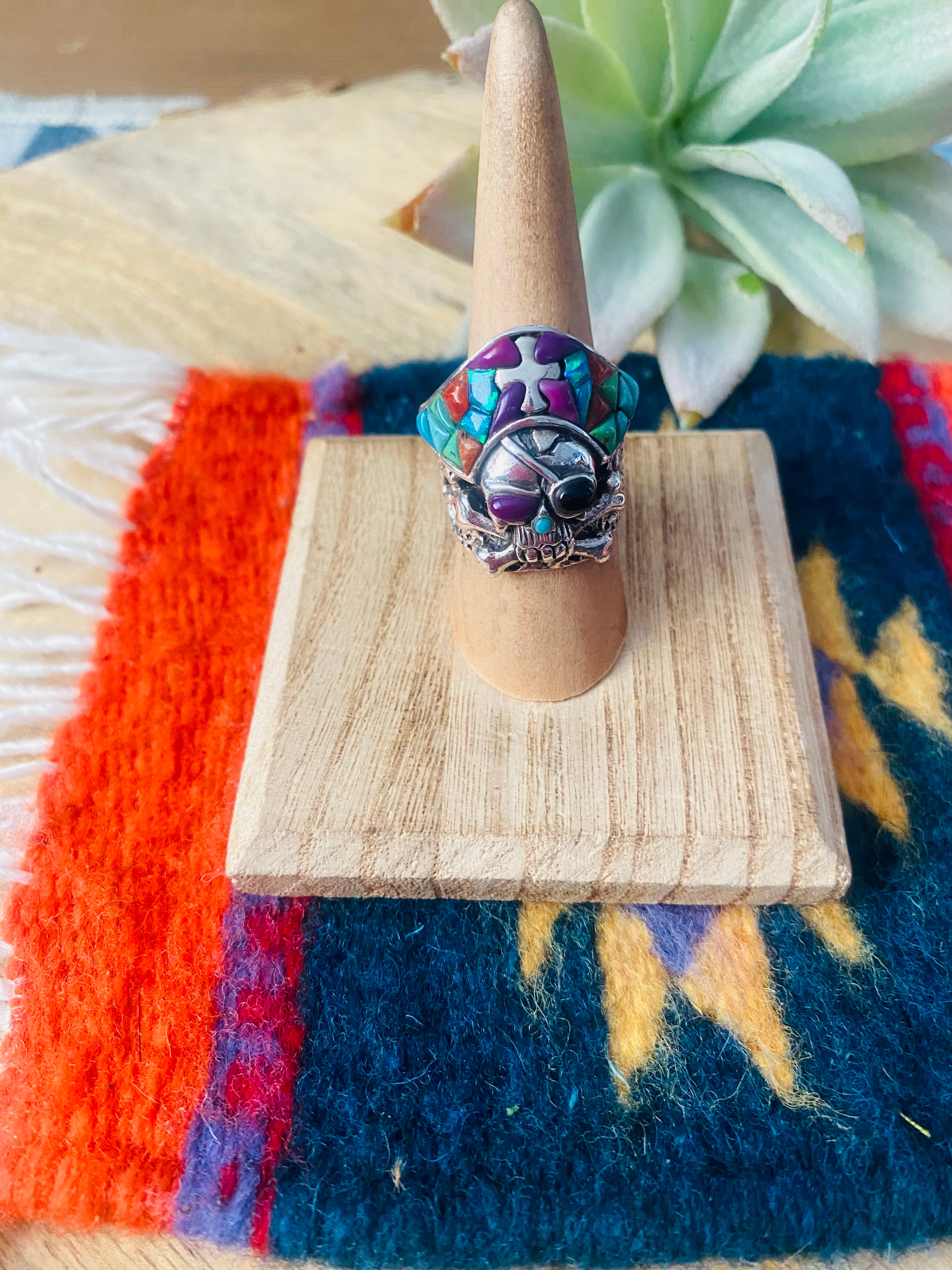 Handmade Sterling Silver & Multi Stone Inlay Skull Ring Size 7.5