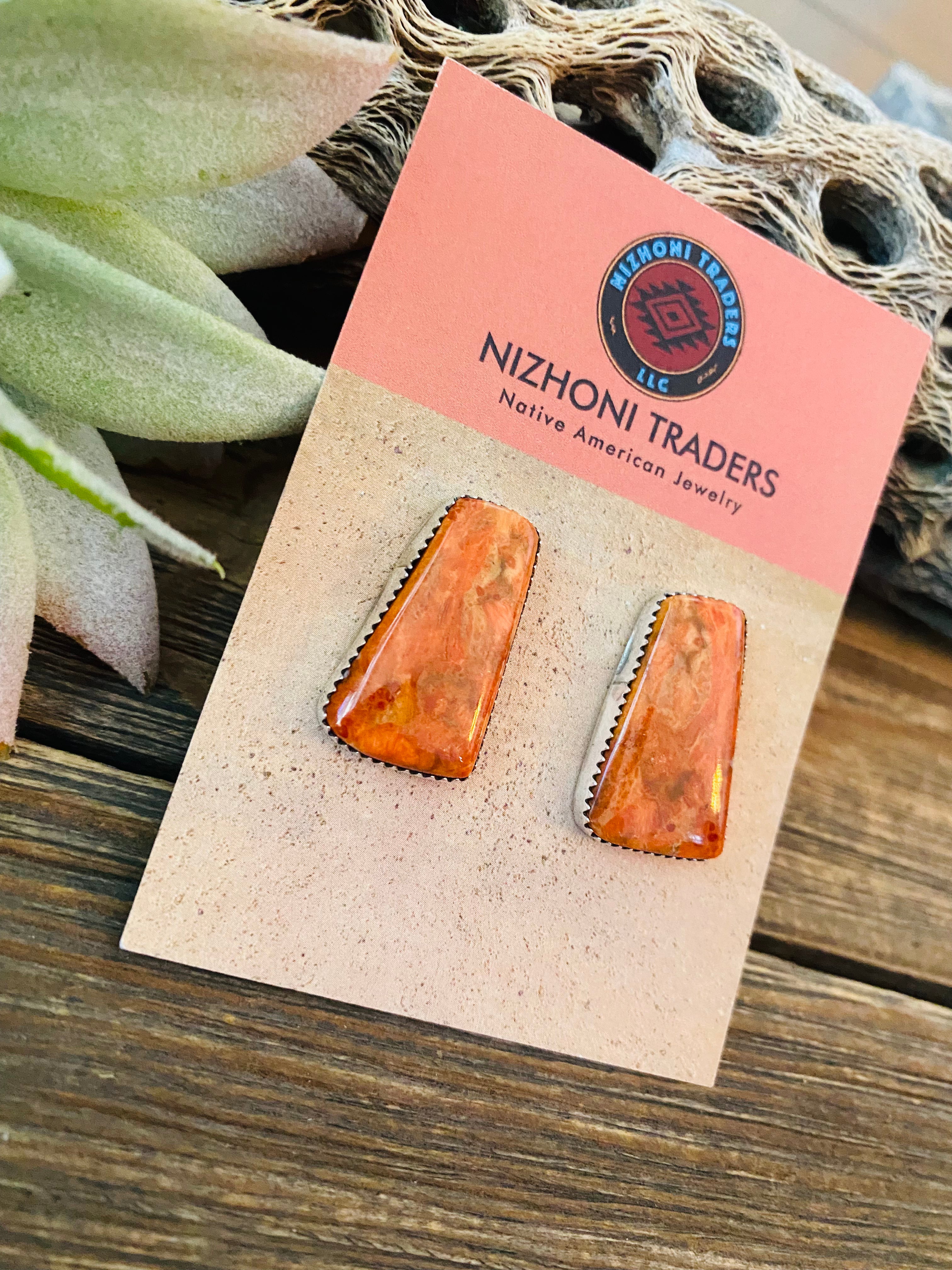 Navajo Sterling Silver & Orange Spiny Post Earrings 1”