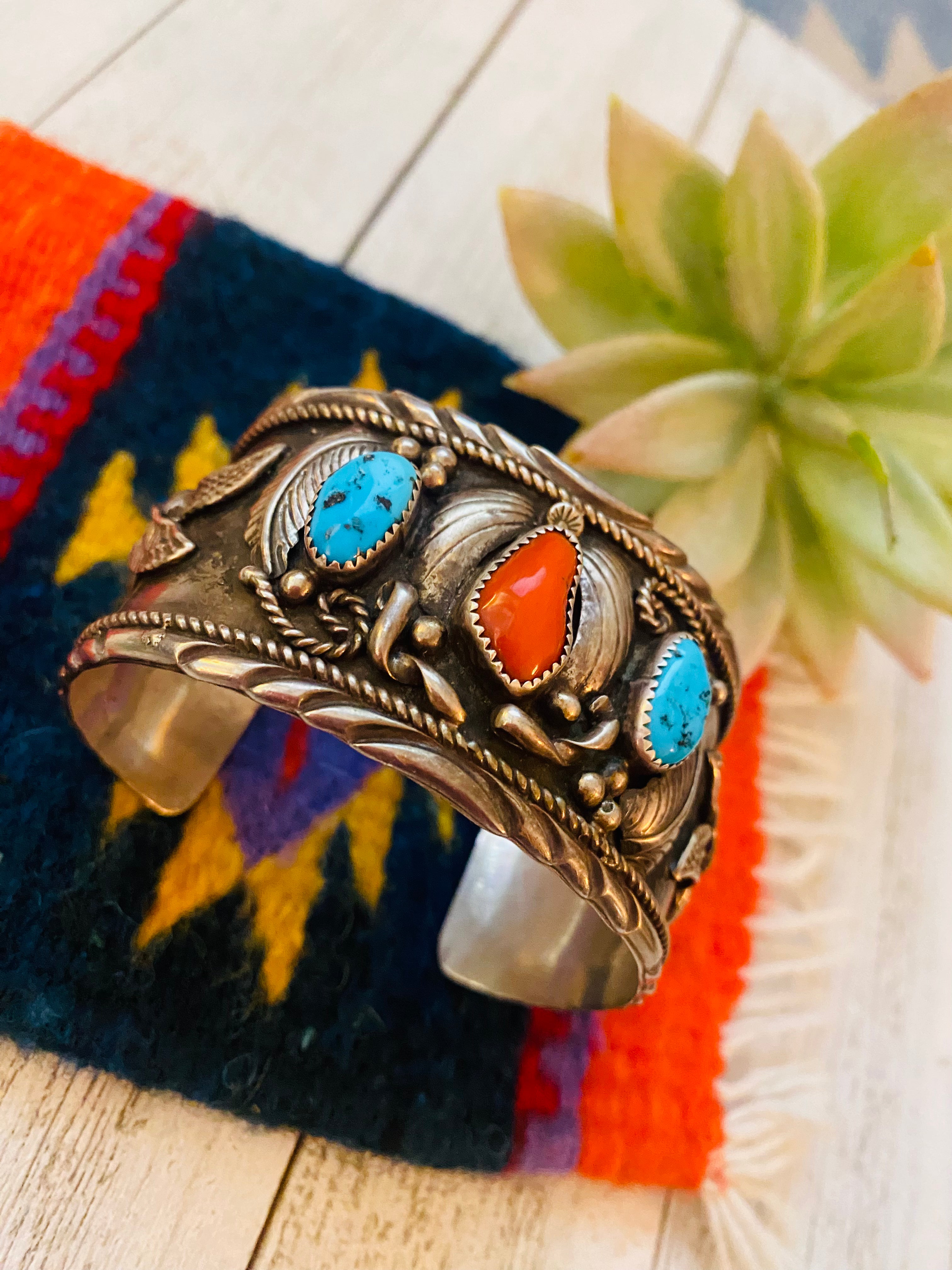 Navajo Old Pawn Vintage Turquoise, Coral & Sterling Silver Cuff Bracelet