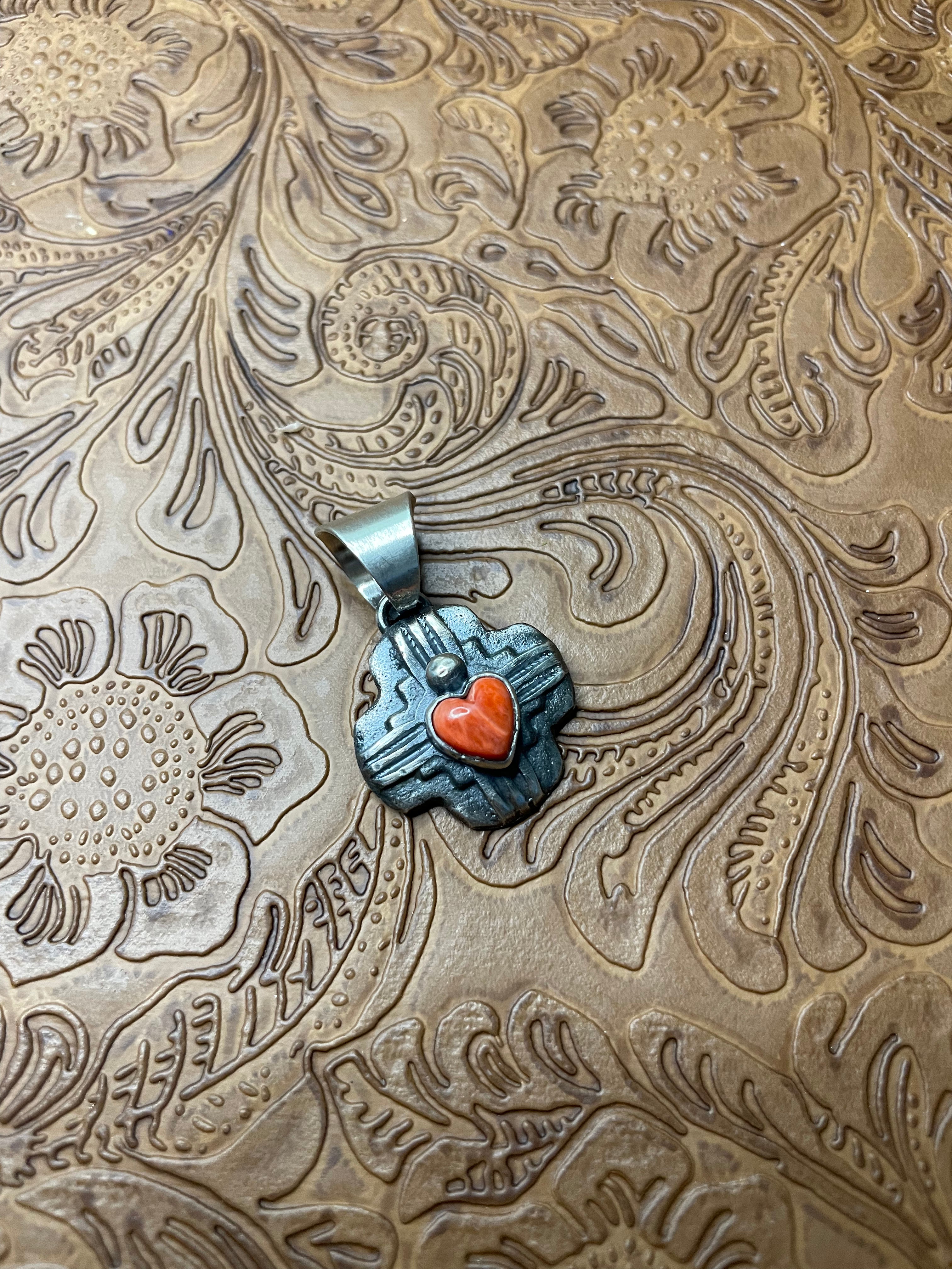 Navajo Sterling Silver Orange Spiny Zia Pendant By Chimney Butte