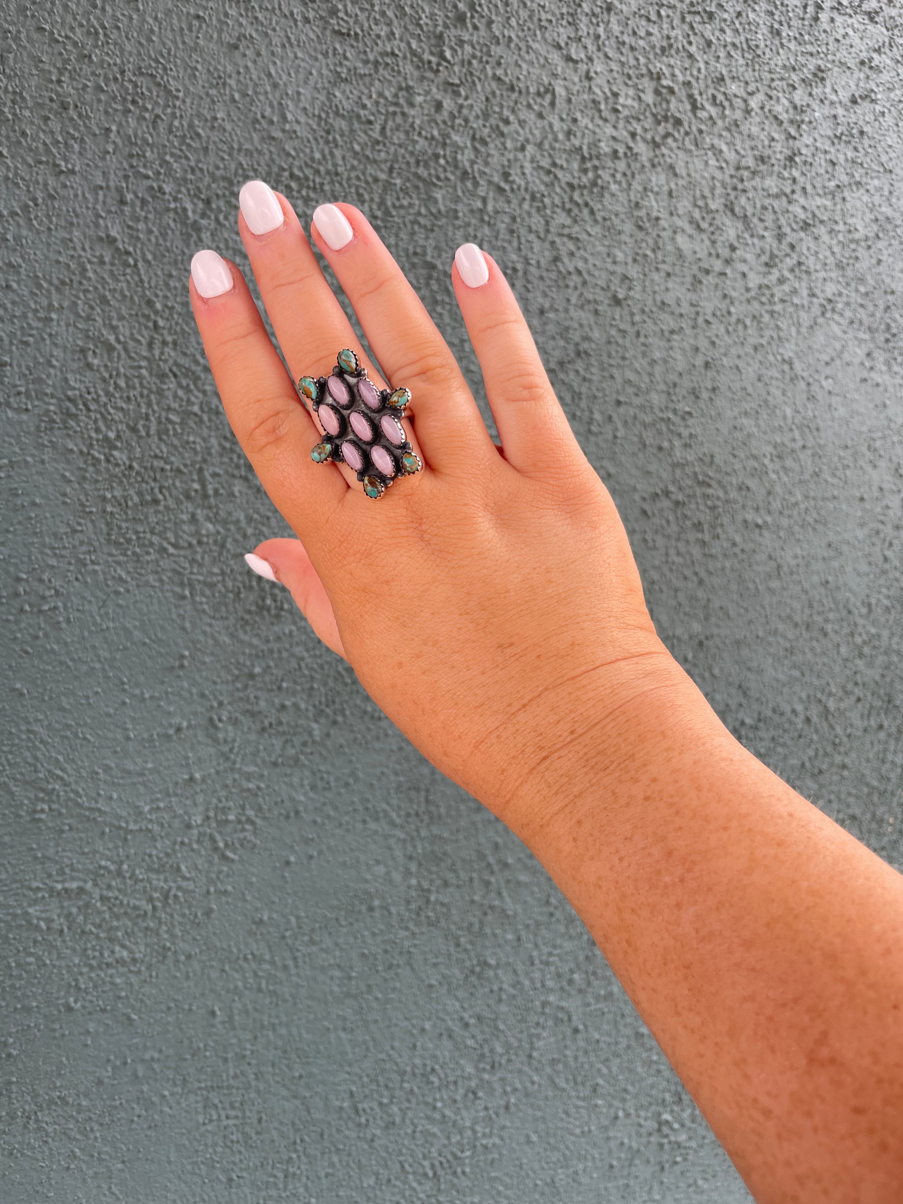 Handmade Sterling Silver, Pink Opal & Turquoise Ring Signed Nizhoni