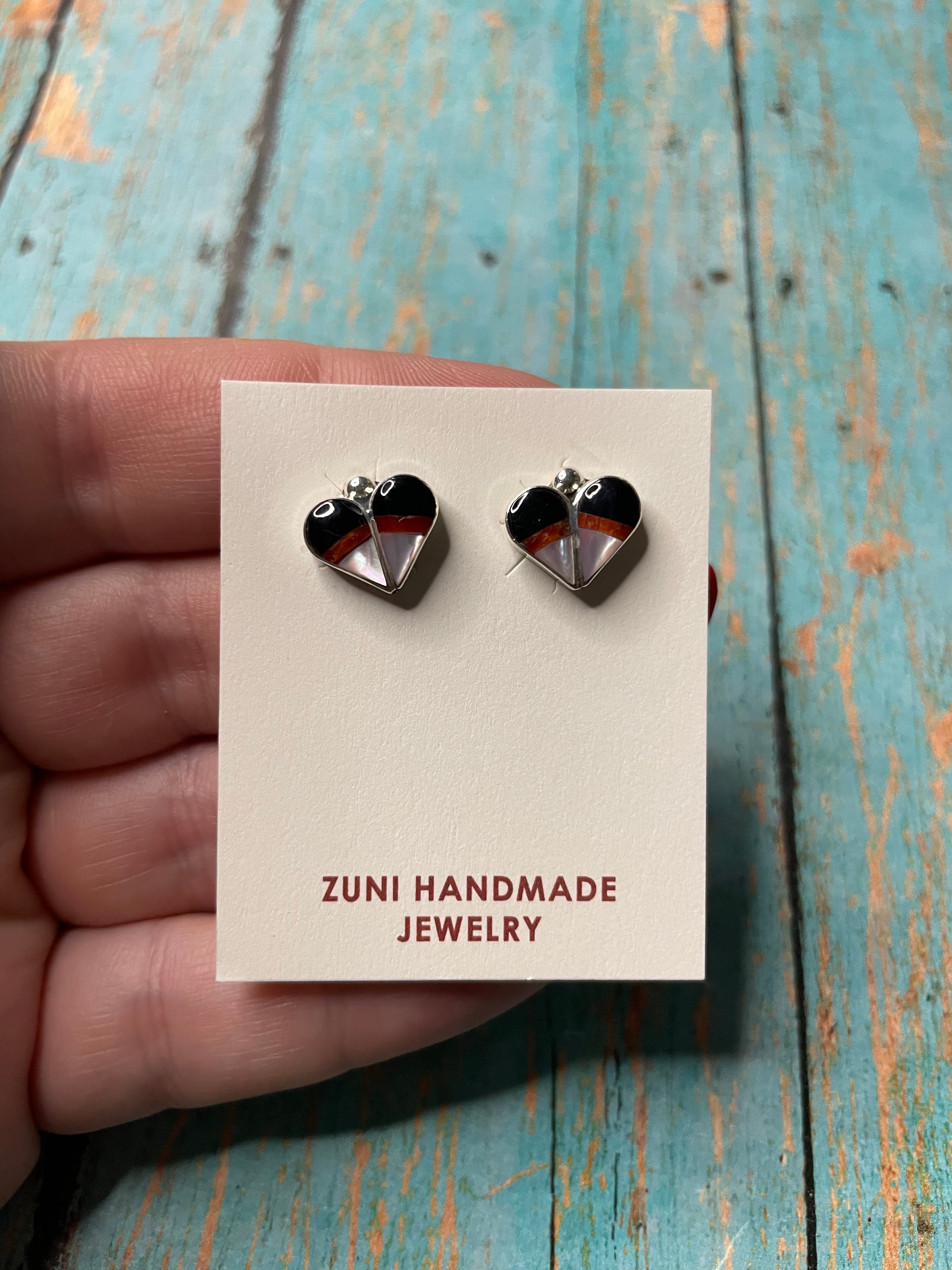 Zuni Sterling Silver, Coral, Onyx, & Mother of Pearl Stud Heart Earrings