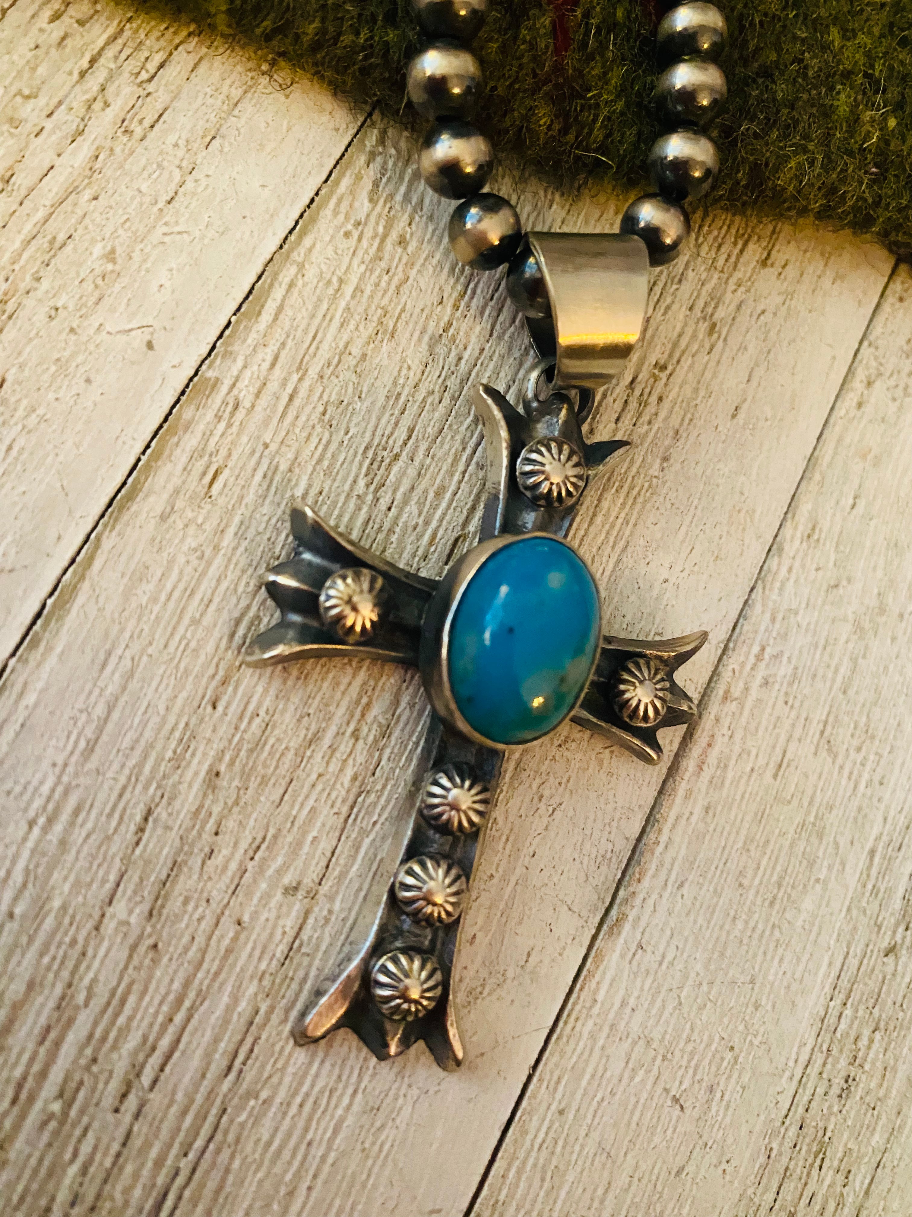 Navajo Sterling Silver & Turquoise Cross Pendant By Chimney Butte