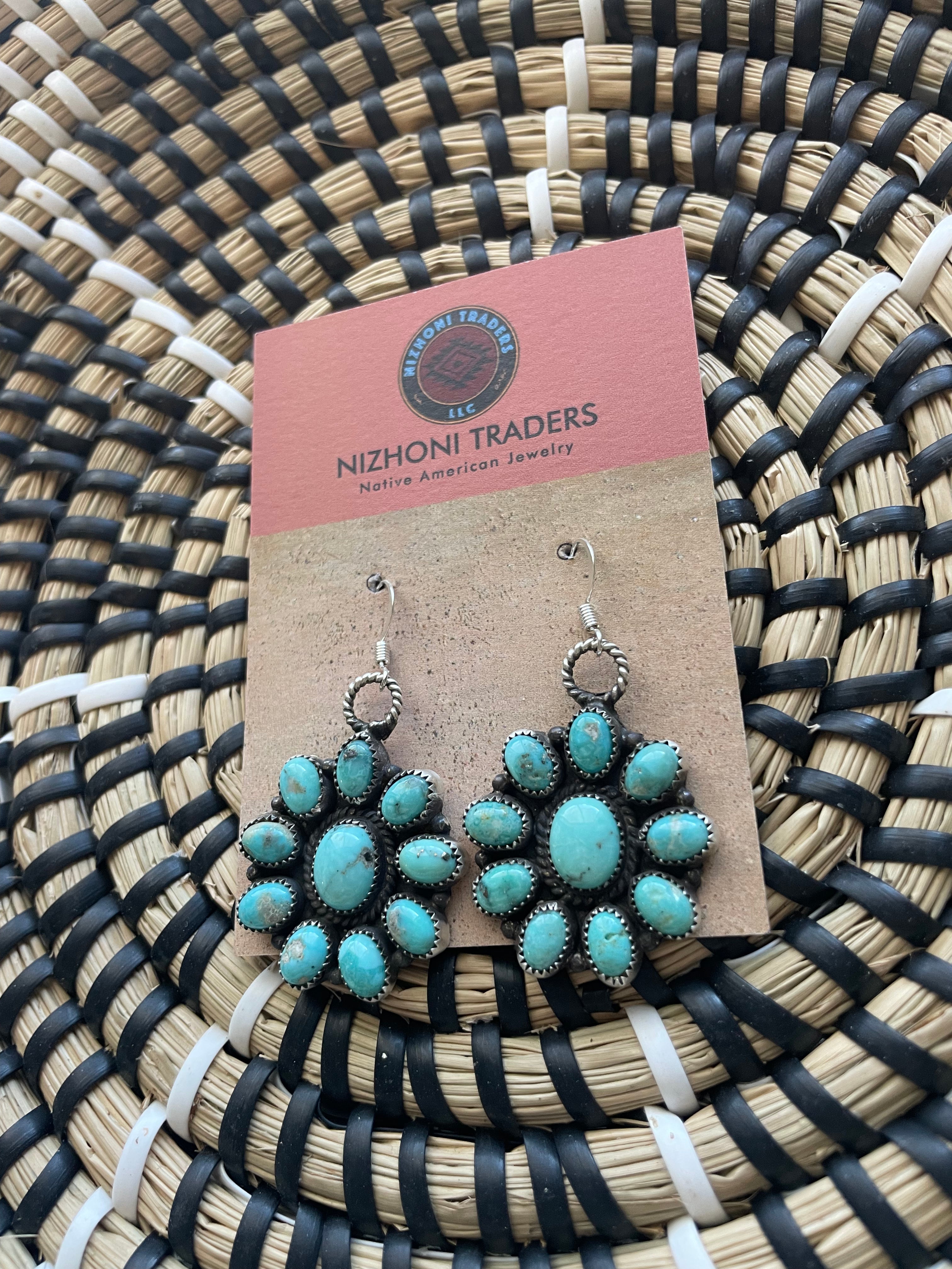 Navajo Sterling Silver & Turquoise Cluster Dangle Earrings Signed