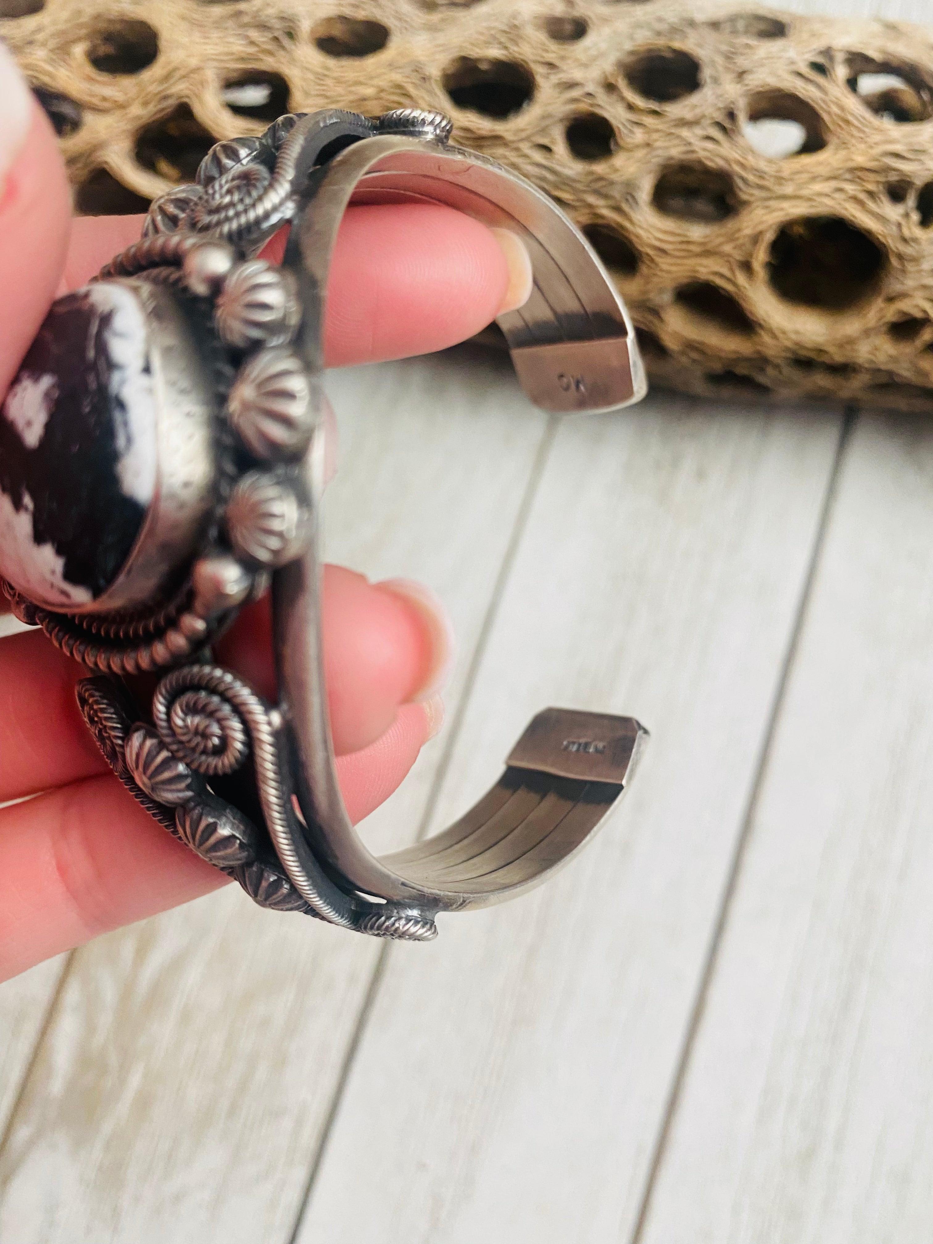 Navajo White Buffalo & Sterling Silver Cuff Bracelet Signed