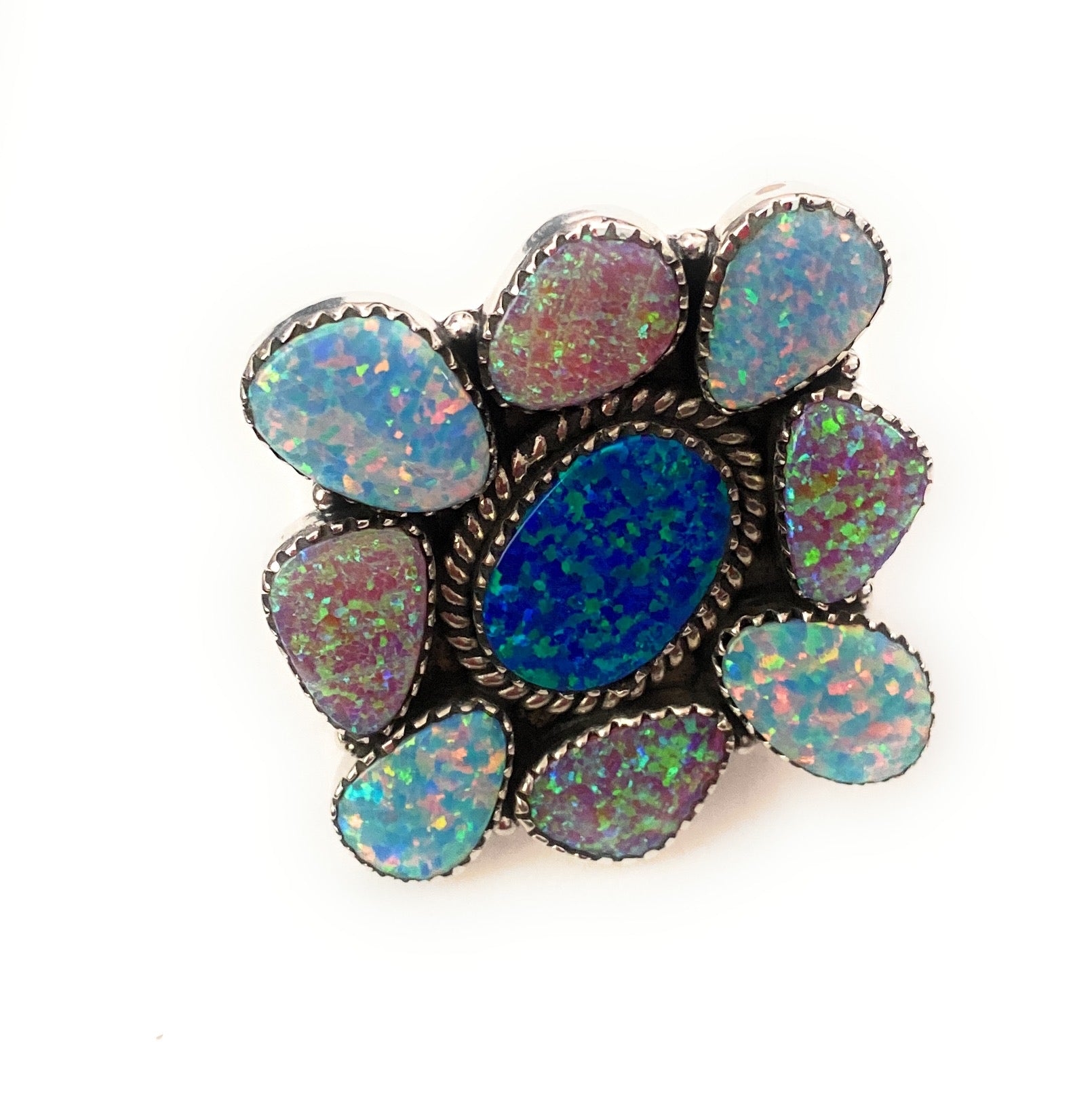 Handmade Sterling Silver & Opal Cluster Adjustable Ring