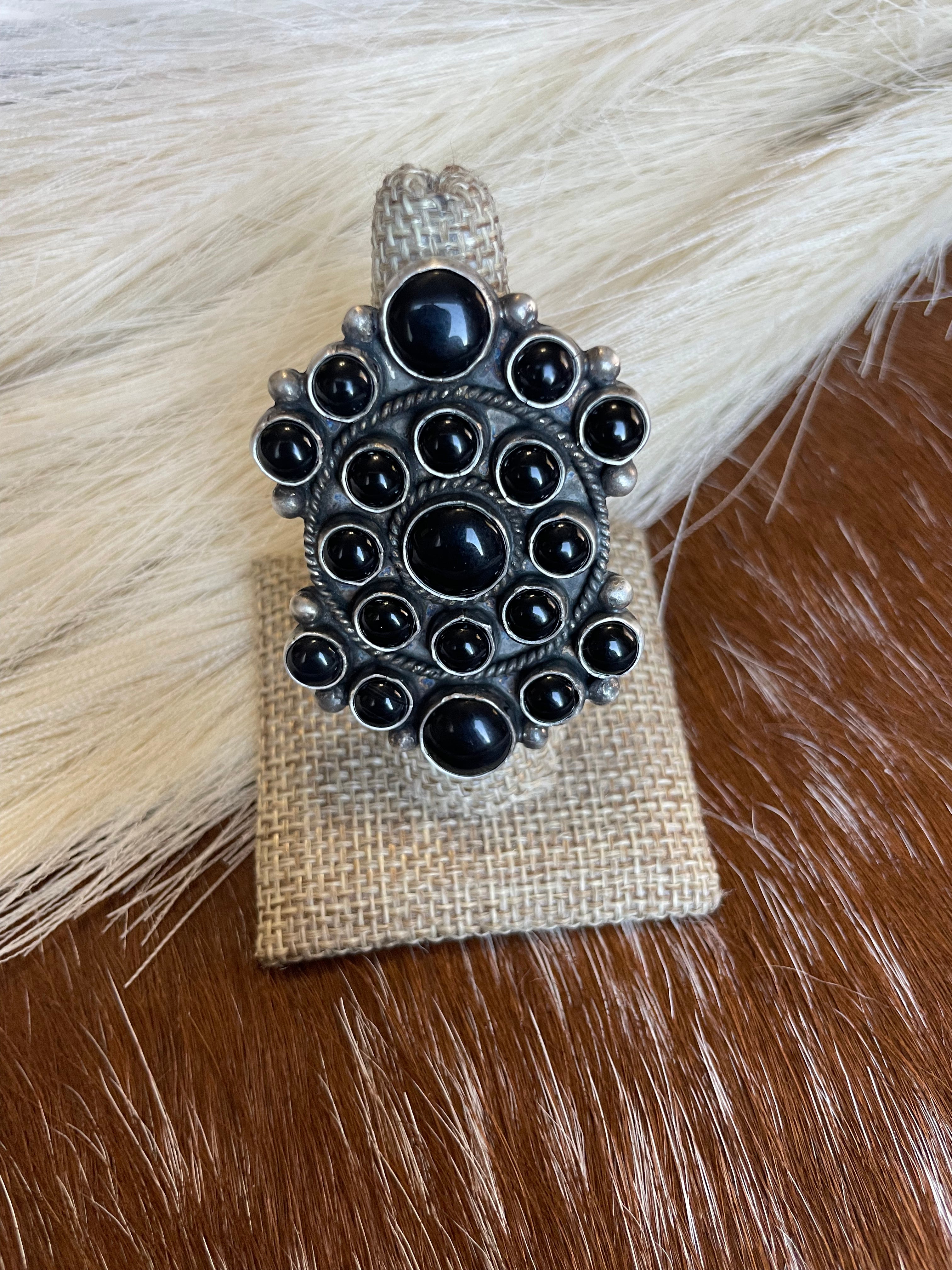 Navajo Sterling Silver Black Onyx Adjustable Statement Ring