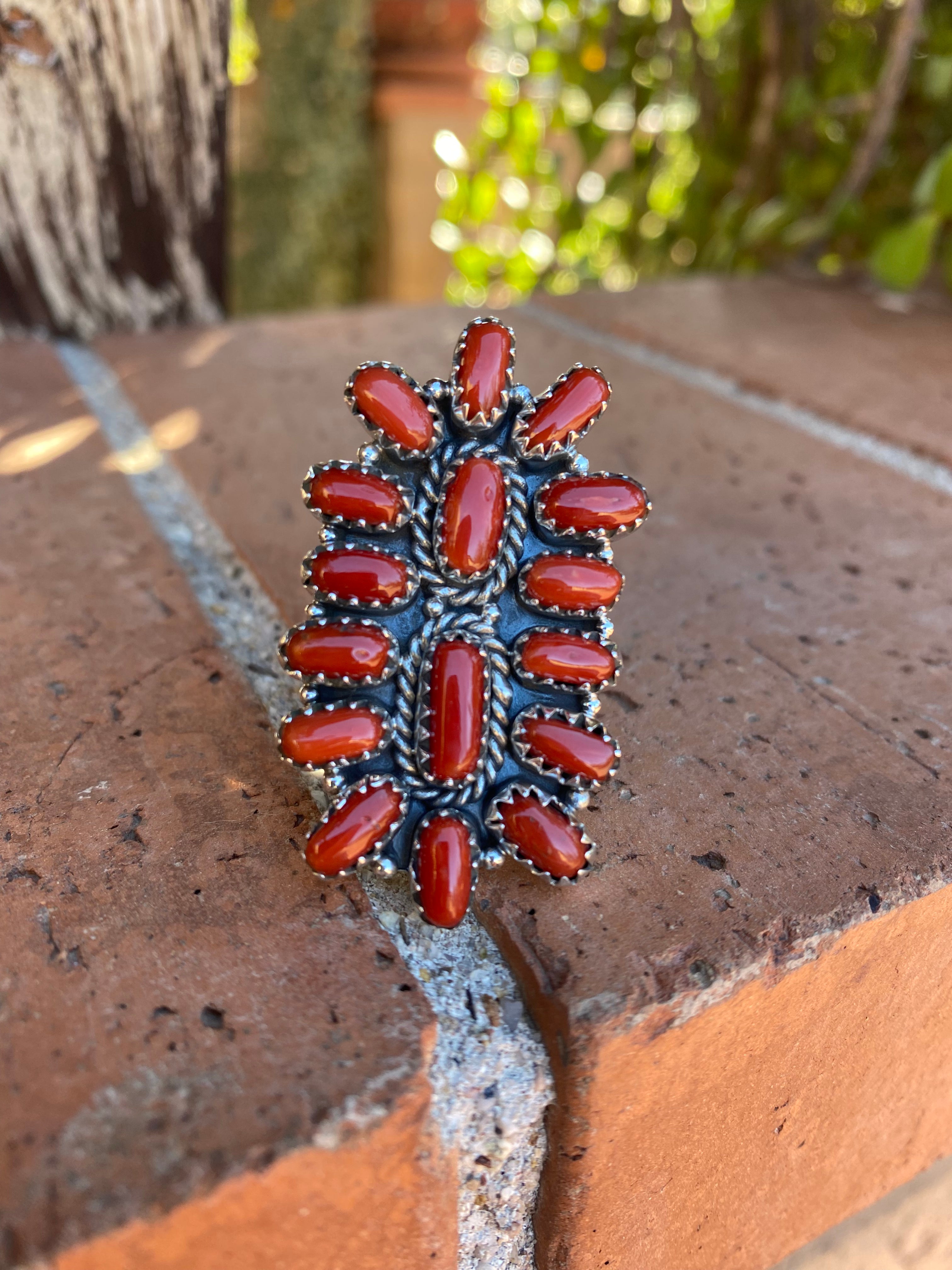 Handmade Sterling Silver And Coral Adjustable Cluster Ring