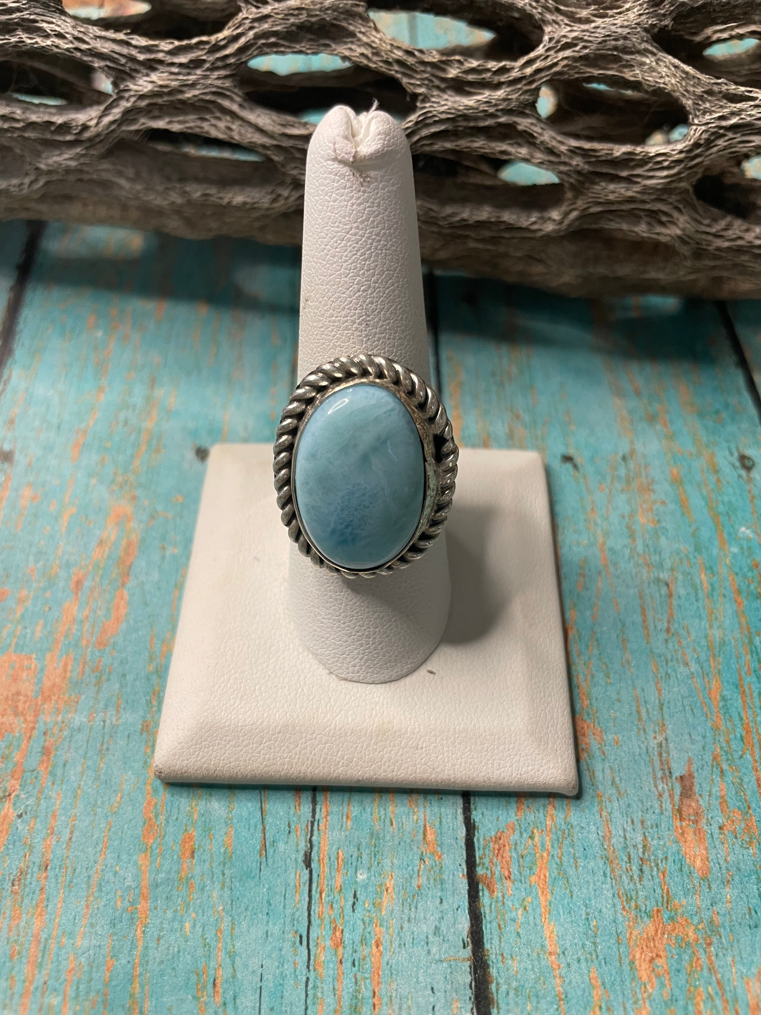 Old Pawn Navajo Sterling Silver & Light Blue Larimer Ring Size 8.5