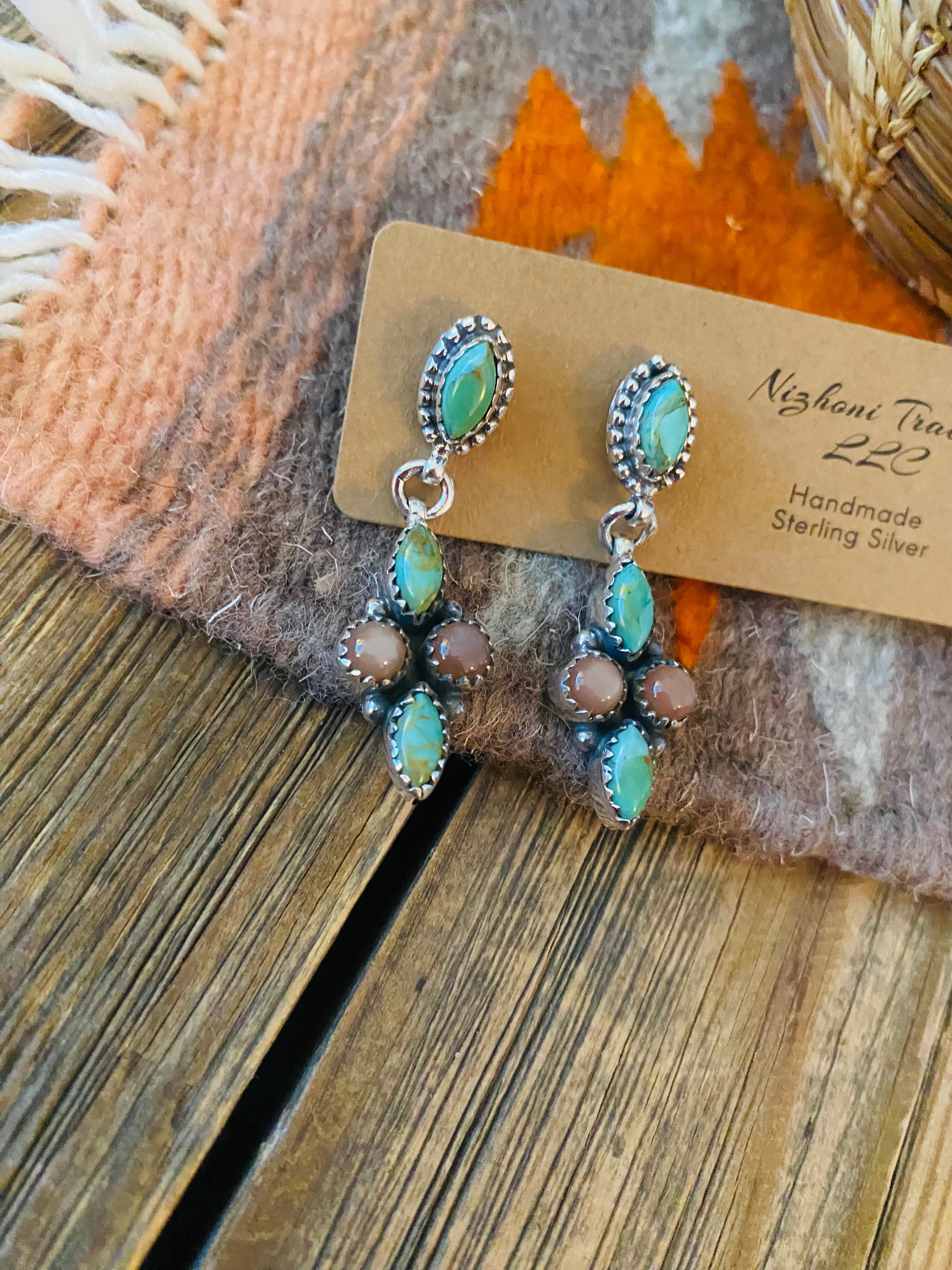 Handmade Mother of Pearl, Turquoise & Sterling Silver Dangle Earrings