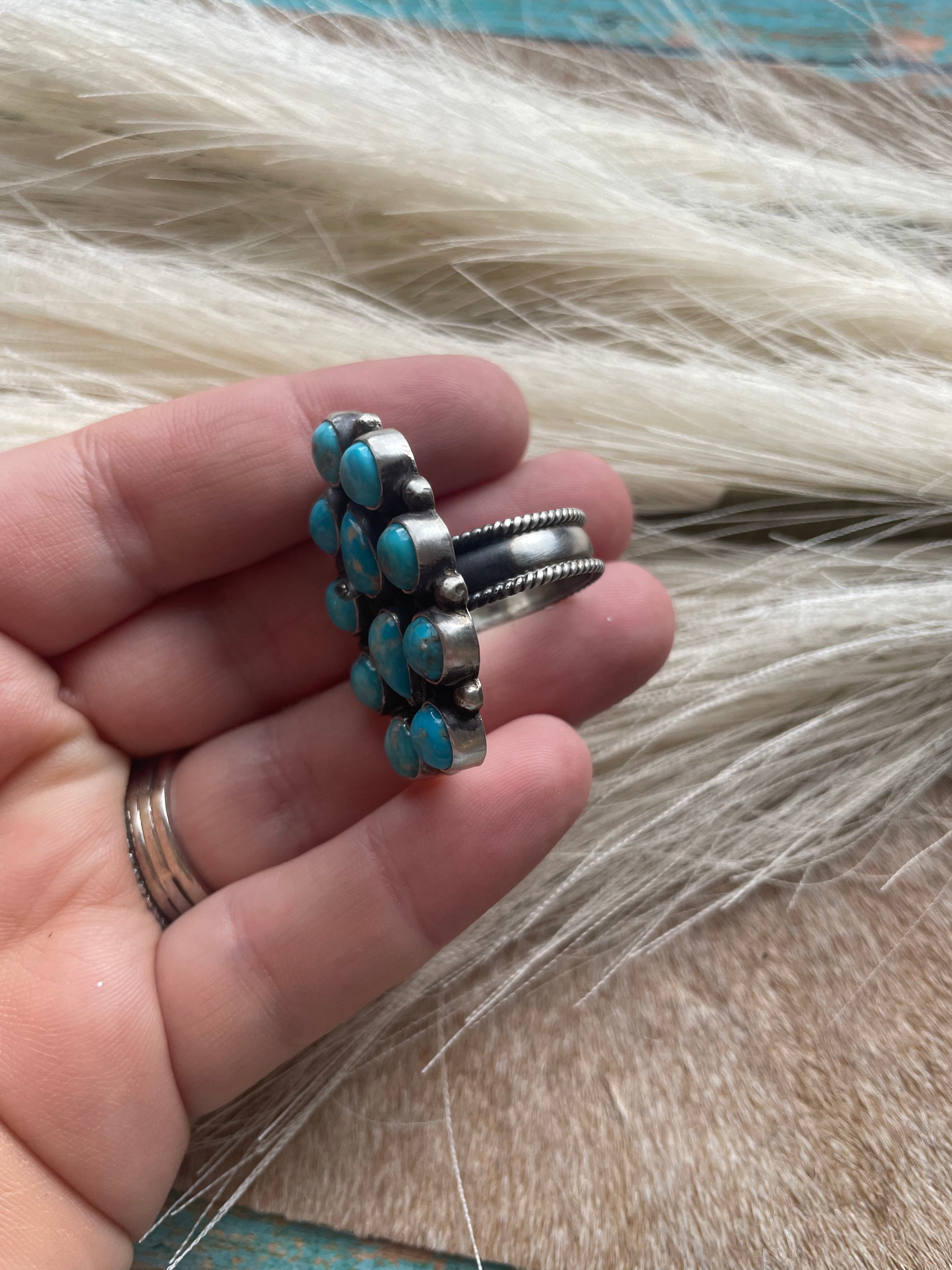 Navajo Sterling Silver And Turquoise Beautiful Adjustable Cluster Rings