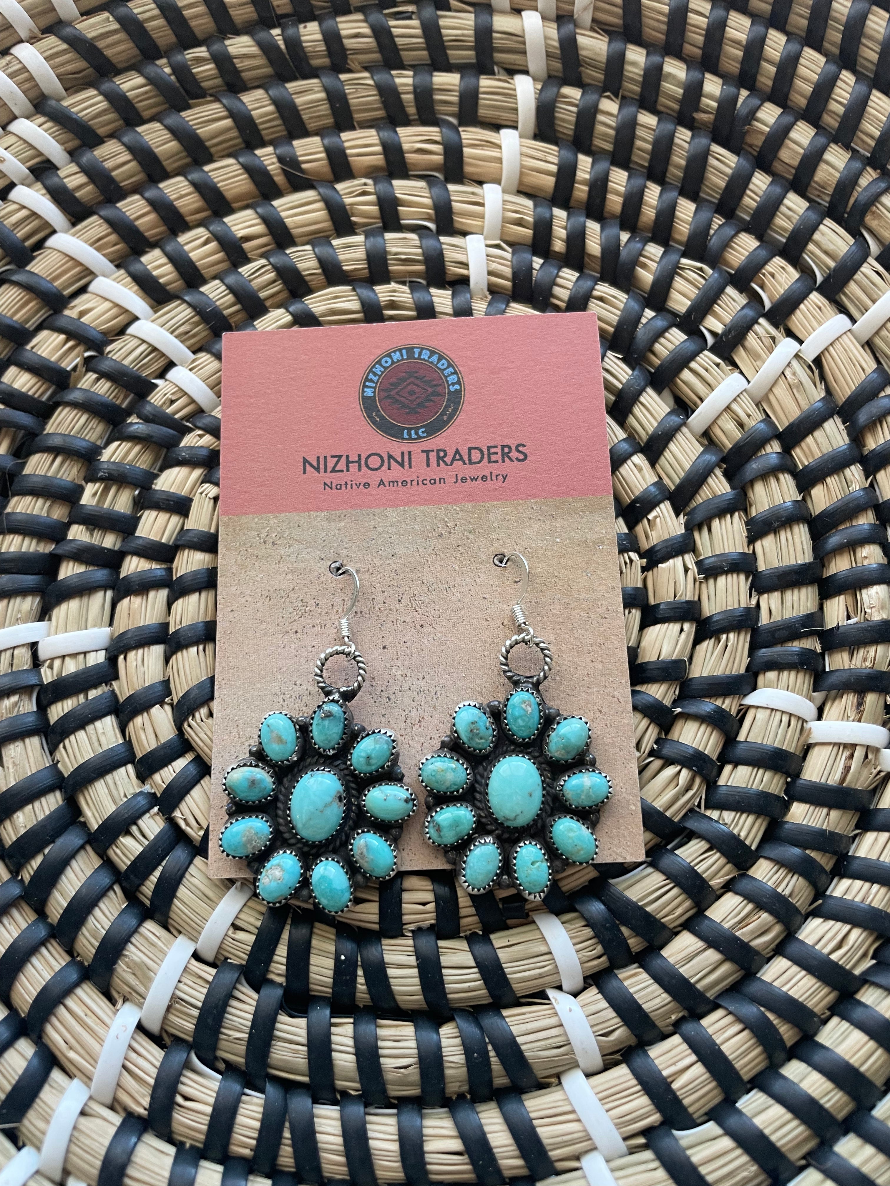 Navajo Sterling Silver & Turquoise Cluster Dangle Earrings Signed